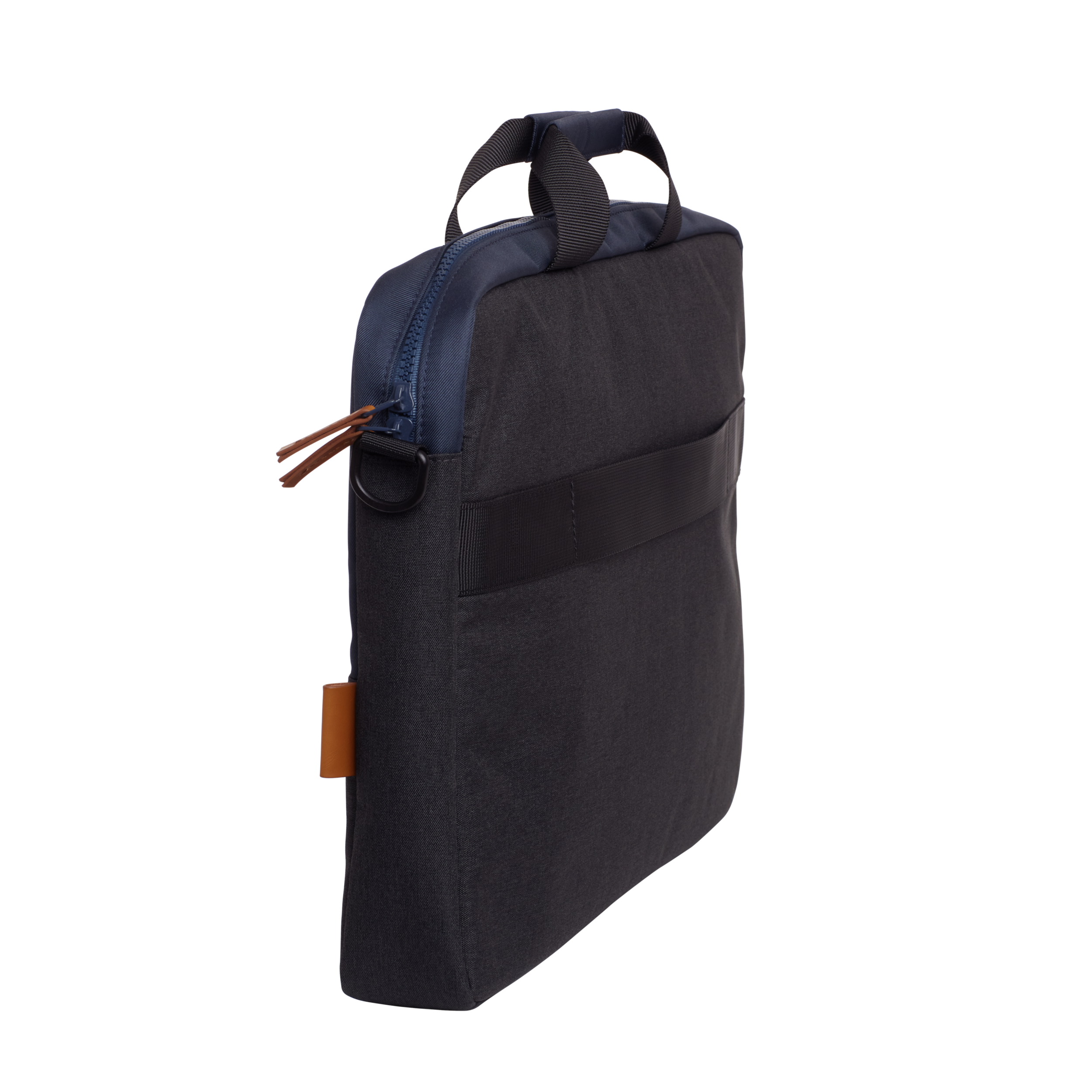 Custodia per laptop grigio scuro con cerniera blu, etichetta marrone e maniglia nera.