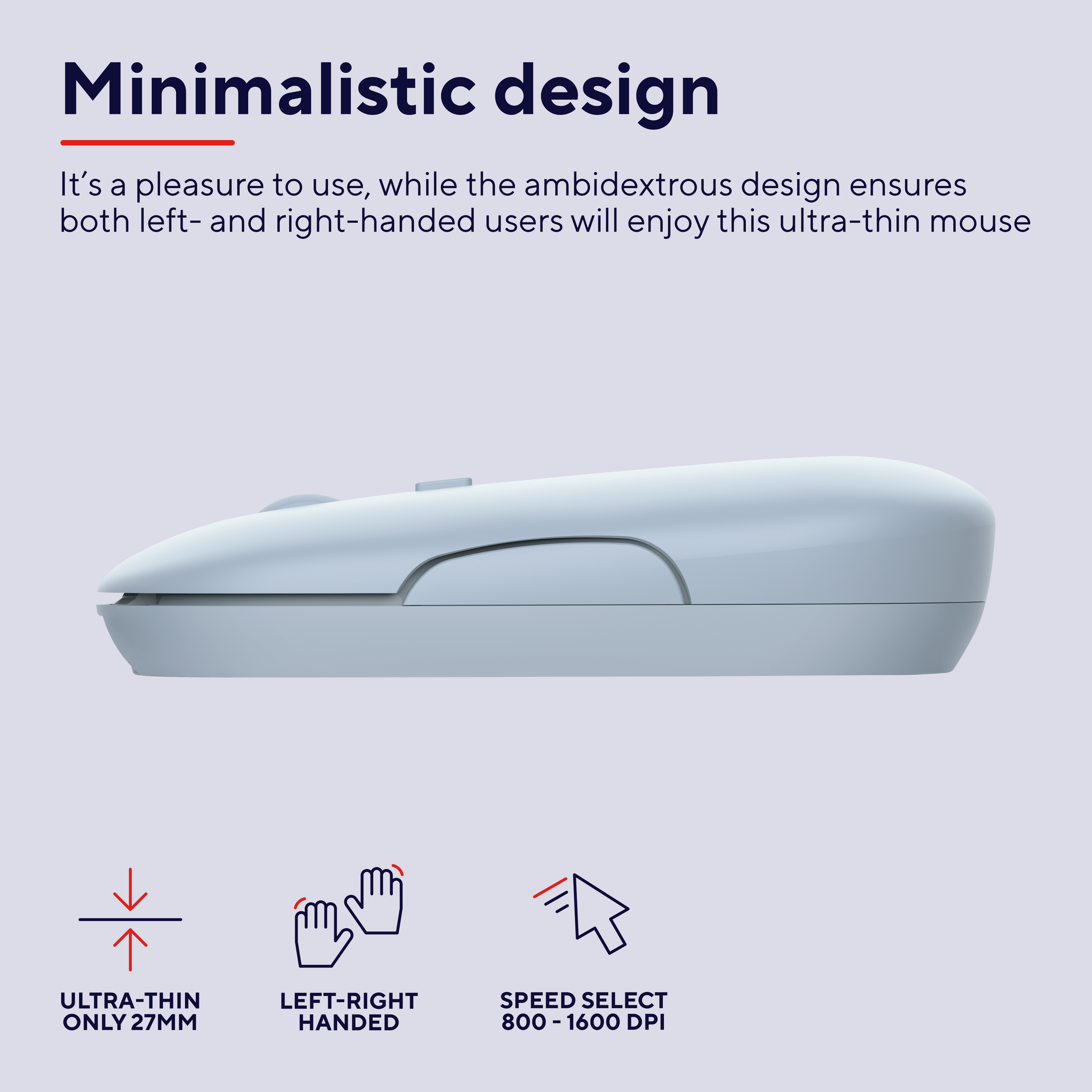 Biała mysz. Tekst: minimalistyczny design, ultracienka, lewo-prawo ręczna, wybór prędkości.