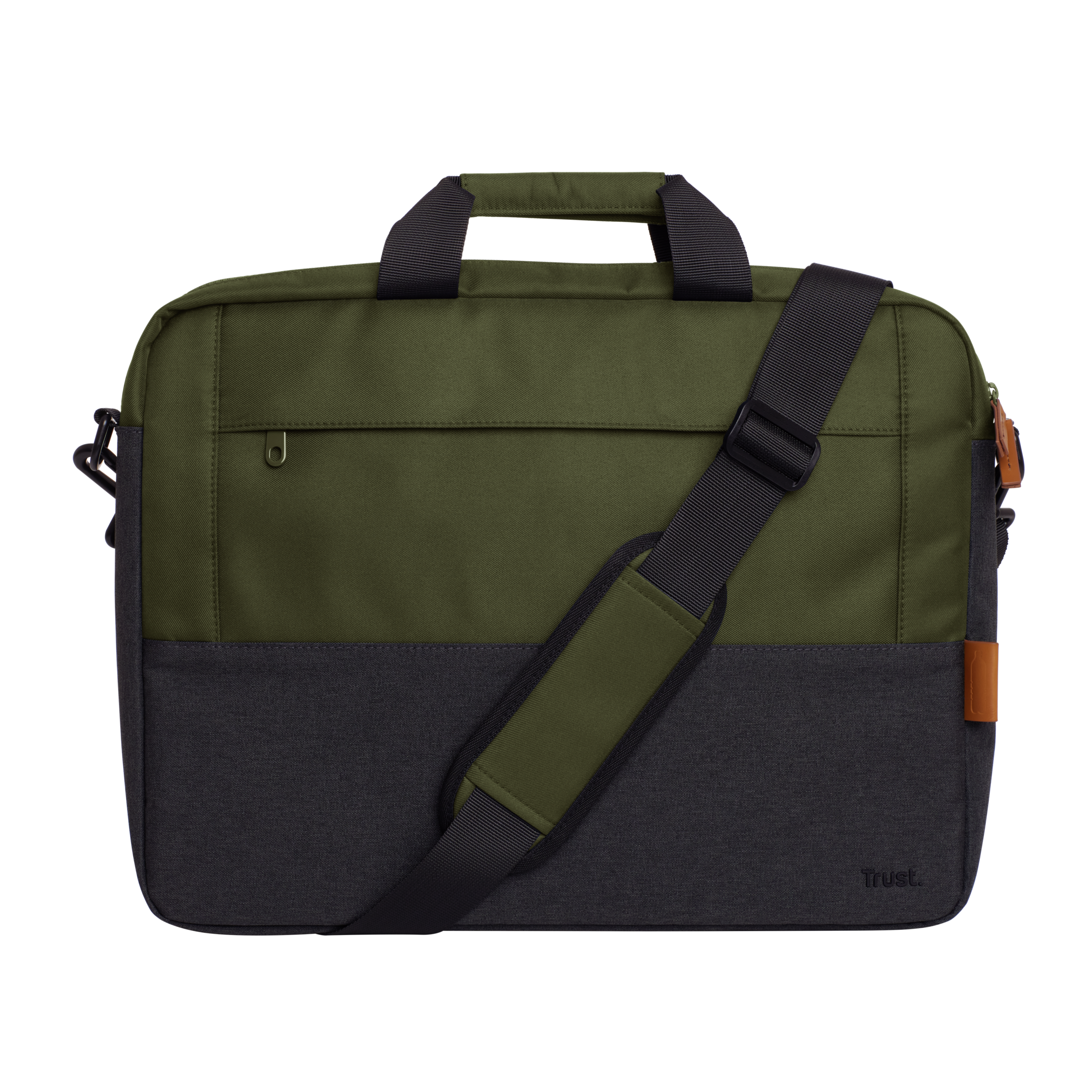 Una borsa per laptop verde e grigia con manico e cinturino neri. La parola Trust è stampata sopra.
