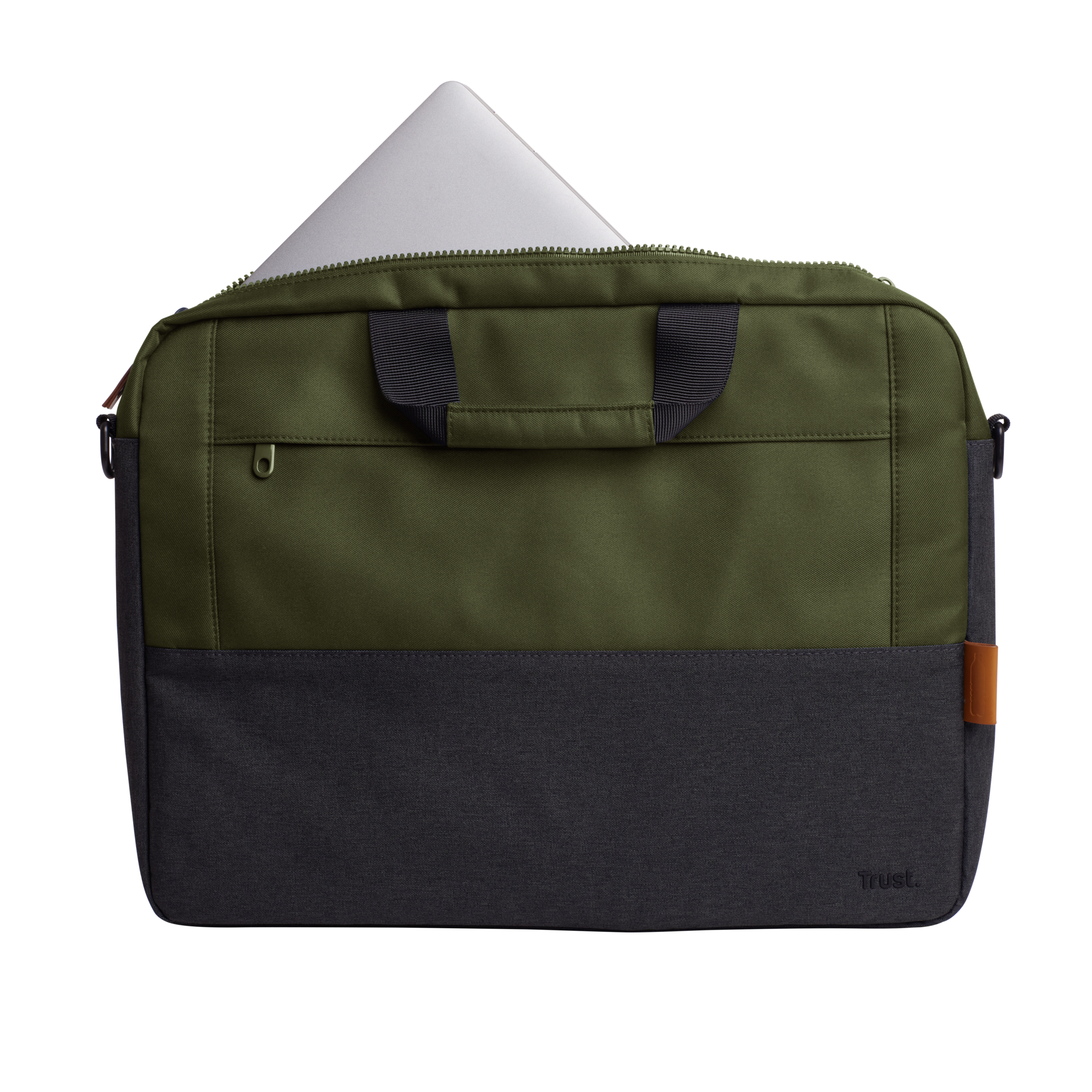 Una borsa per laptop verde e grigia aperta con un laptop all'interno, su sfondo nero.