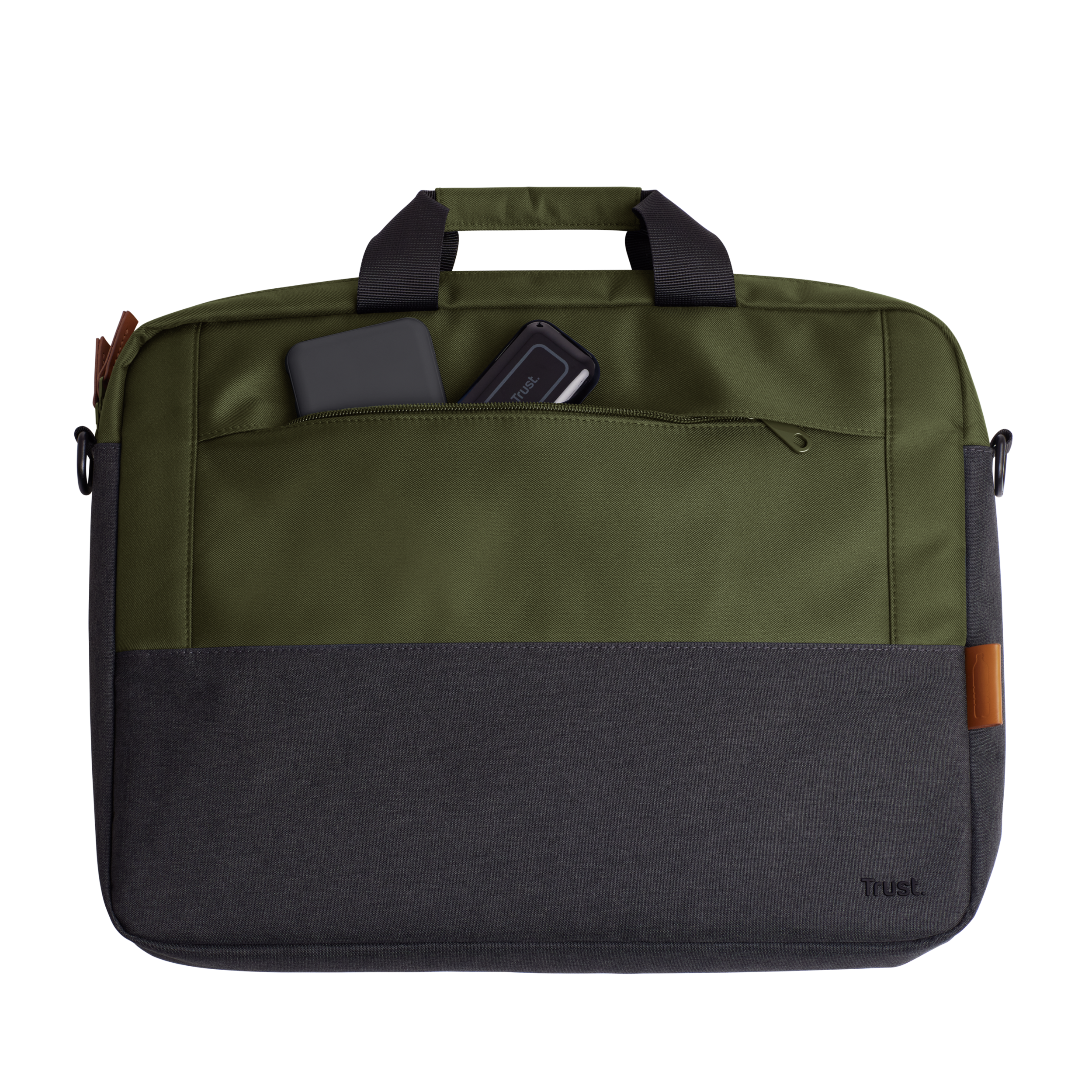 Borsa per laptop verde e grigia con manico. Contiene un telefono e un piccolo oggetto nero.