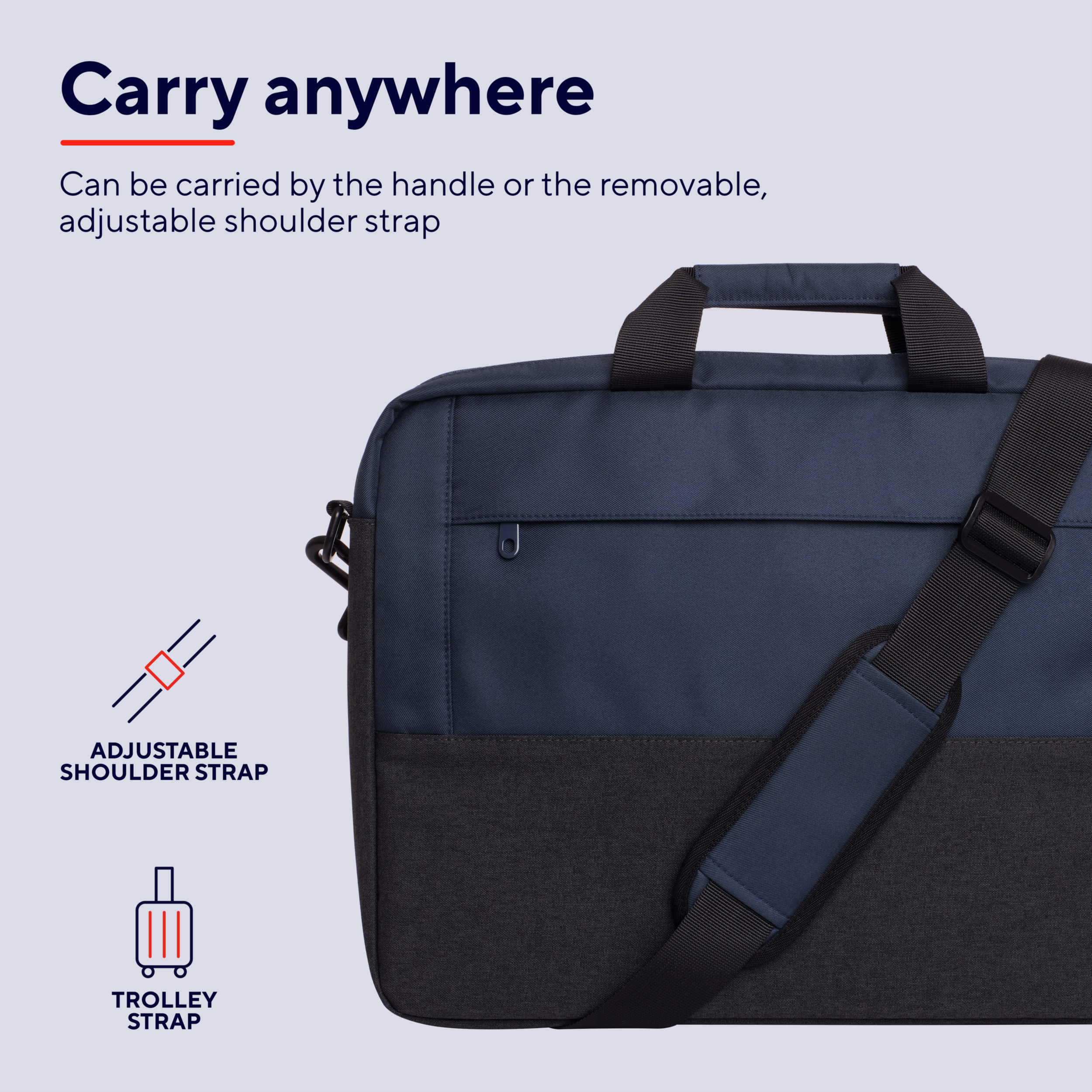 Borsa per laptop blu navy e nera con manico e tracolla. Tracolla per trolley visibile.
