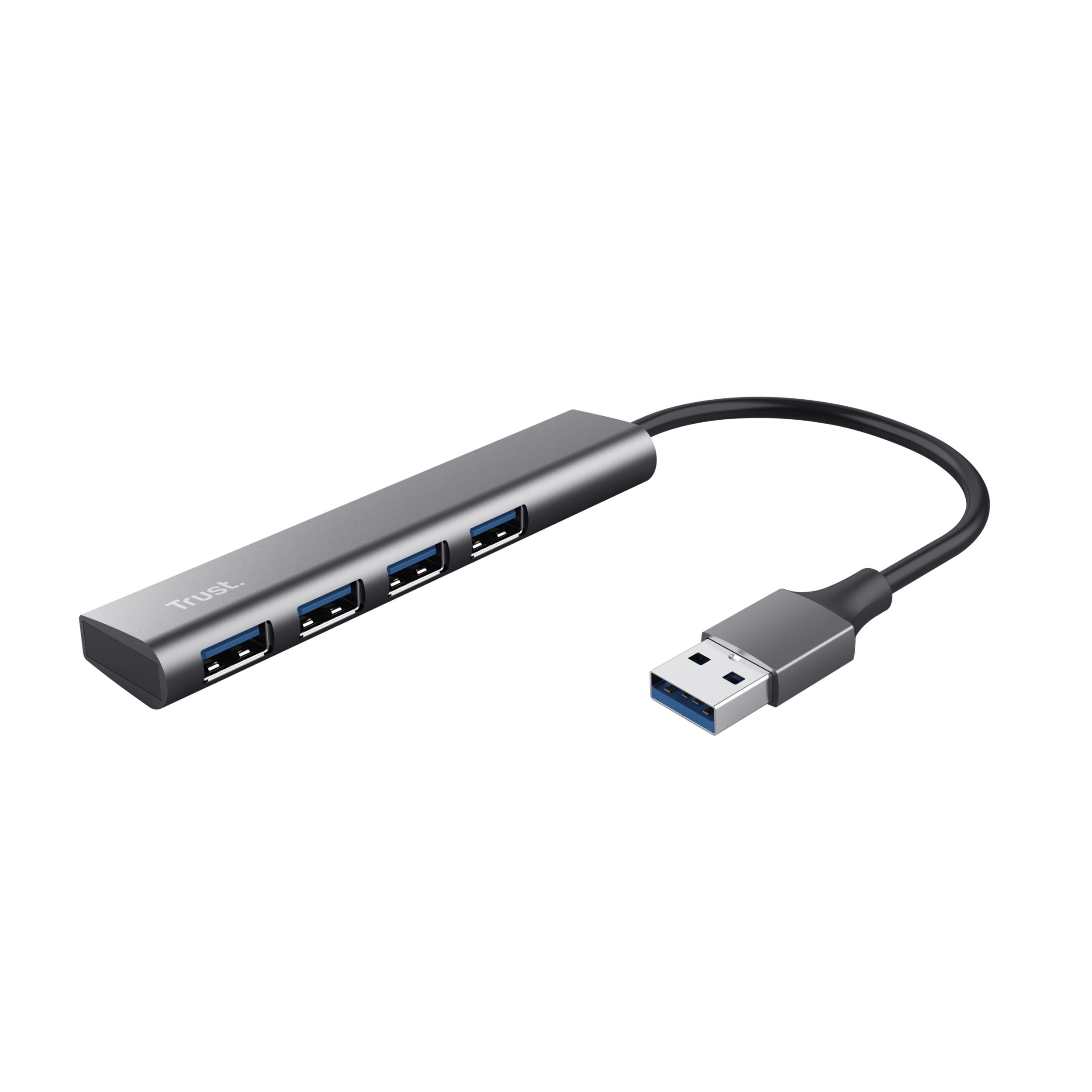 Zilveren USB-hub met vier poorten en een USB-kabel op een zwarte achtergrond.