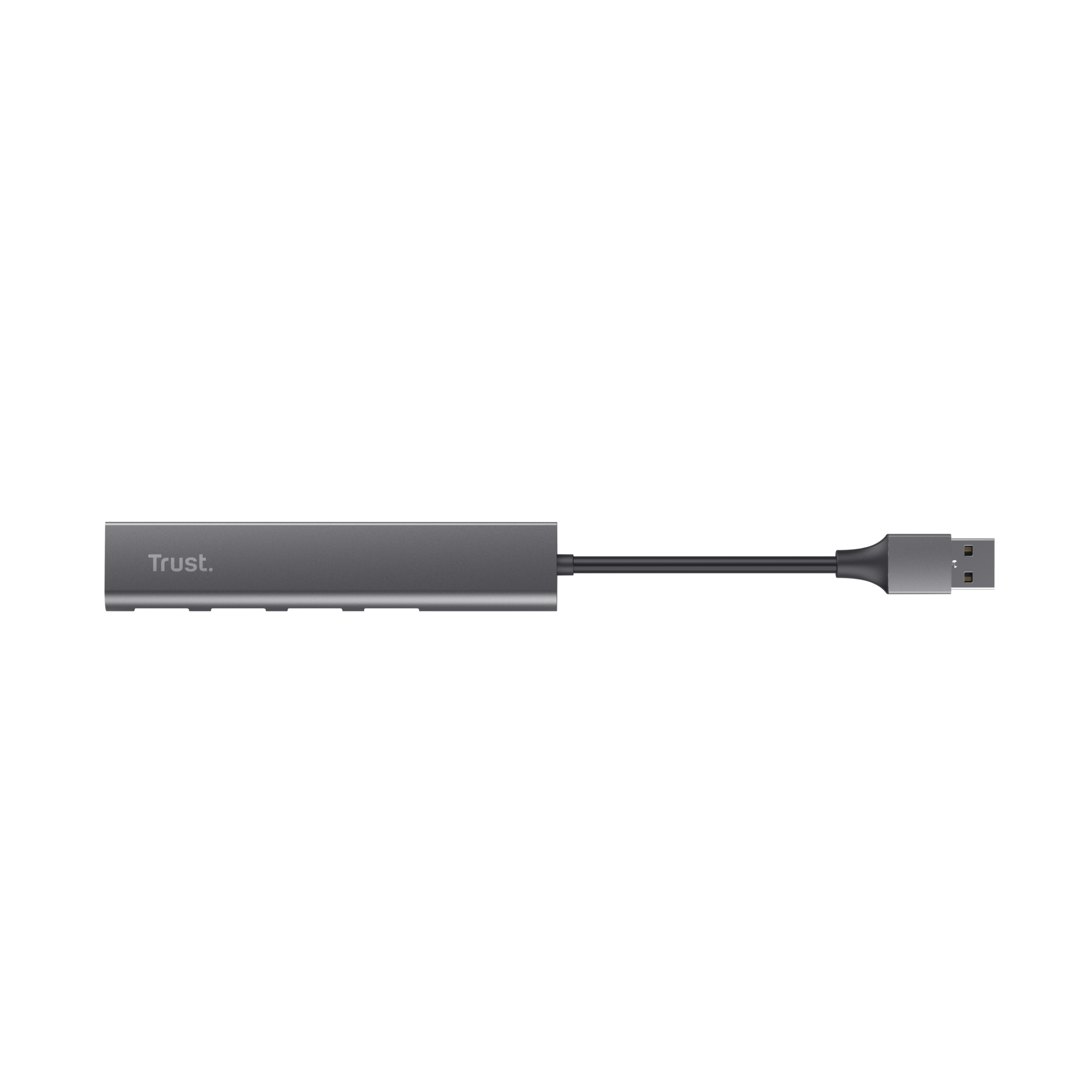 Een grijze Trust USB-hub met een zwarte kabel en een USB-connector op een zwarte achtergrond.
