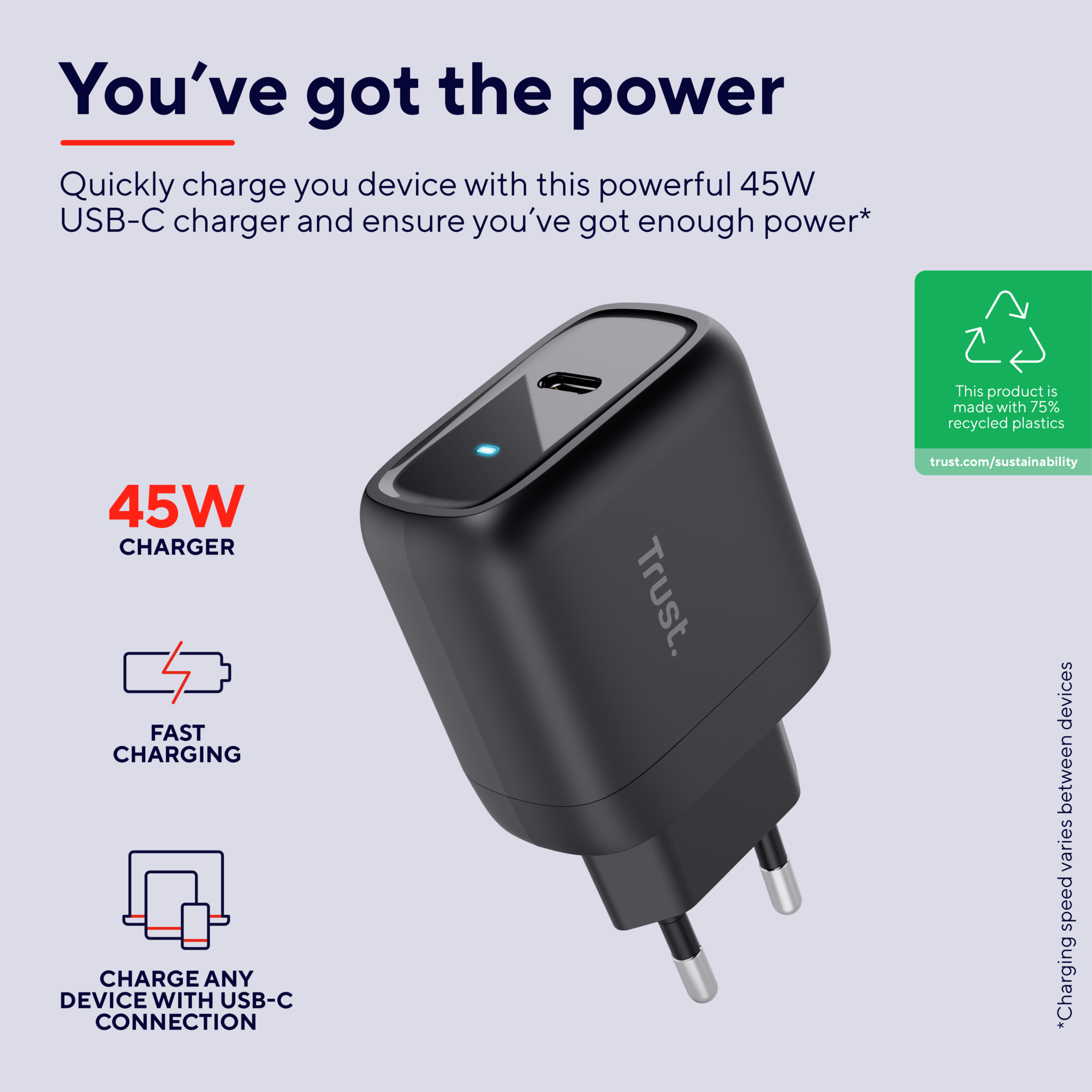 Zwarte 45W USB-C-oplader met tekst en pictogrammen over snel opladen en USB-C-aansluiting.