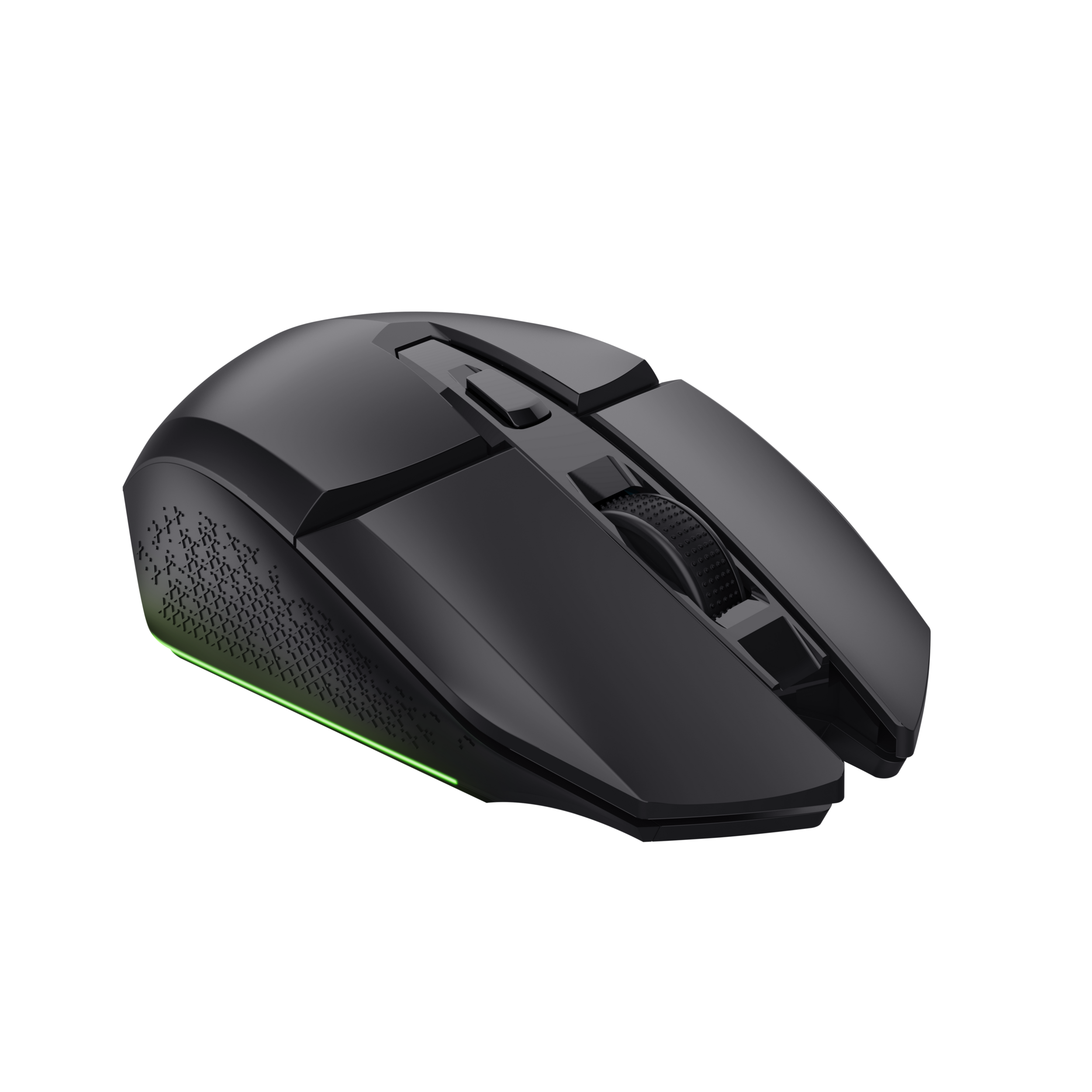 Souris de jeu noire avec lumière verte, molette et boutons, isolée sur fond noir.