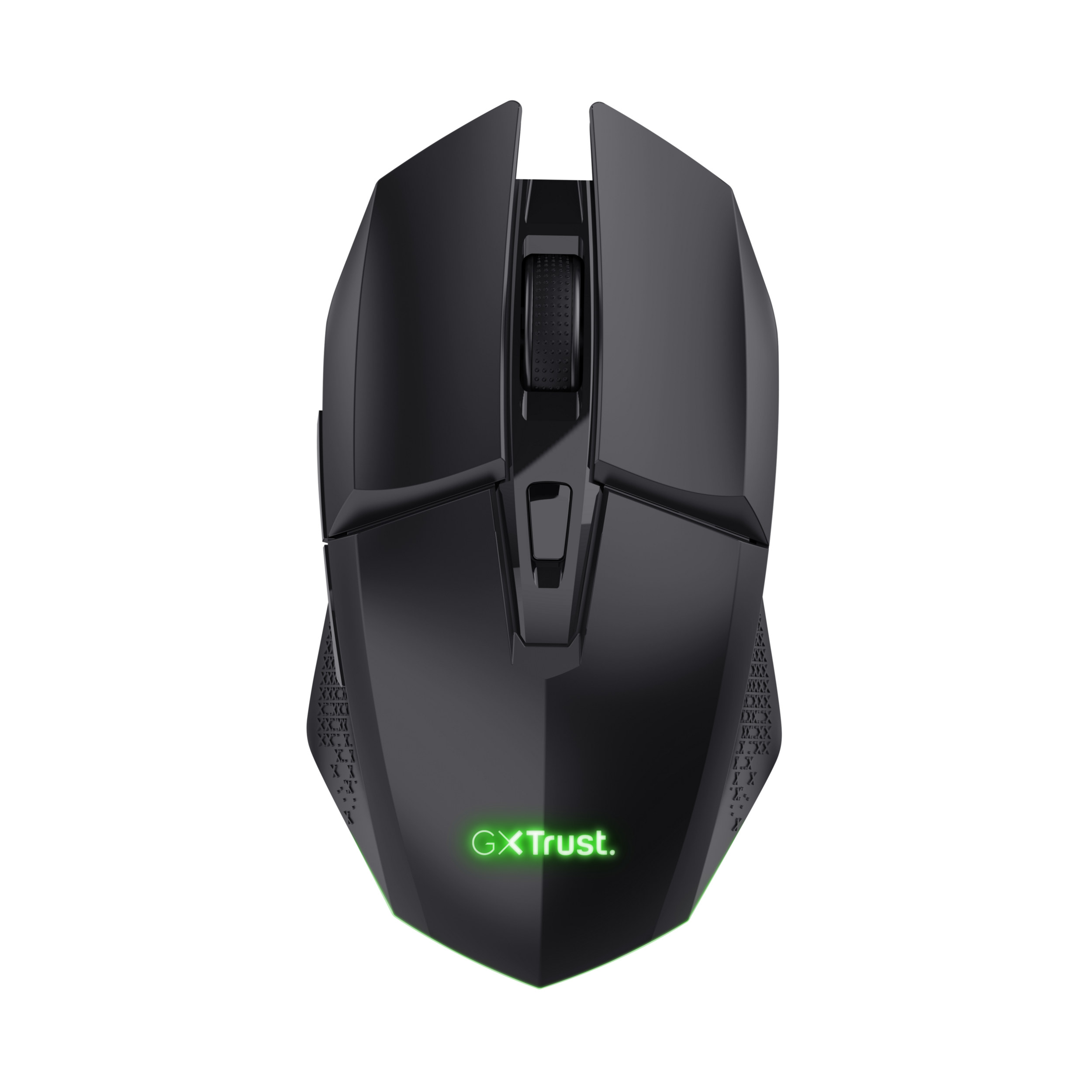 Souris gaming noire avec éclairage vert, boutons latéraux et molette centrale.