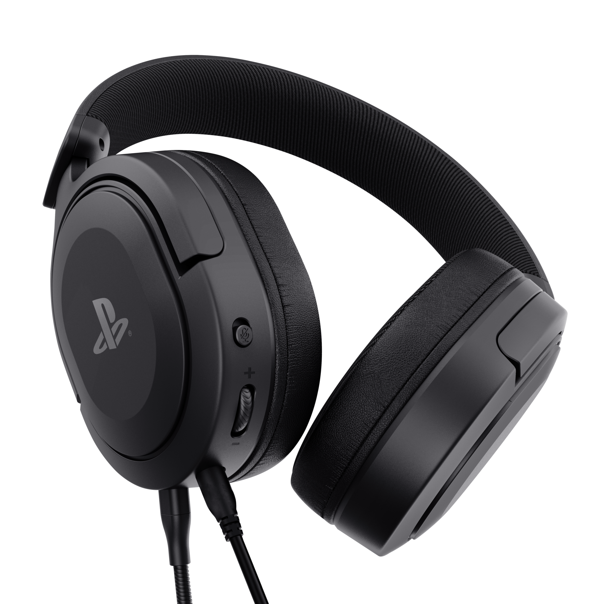 Casque de jeu PlayStation noir avec microphone et câble noir.