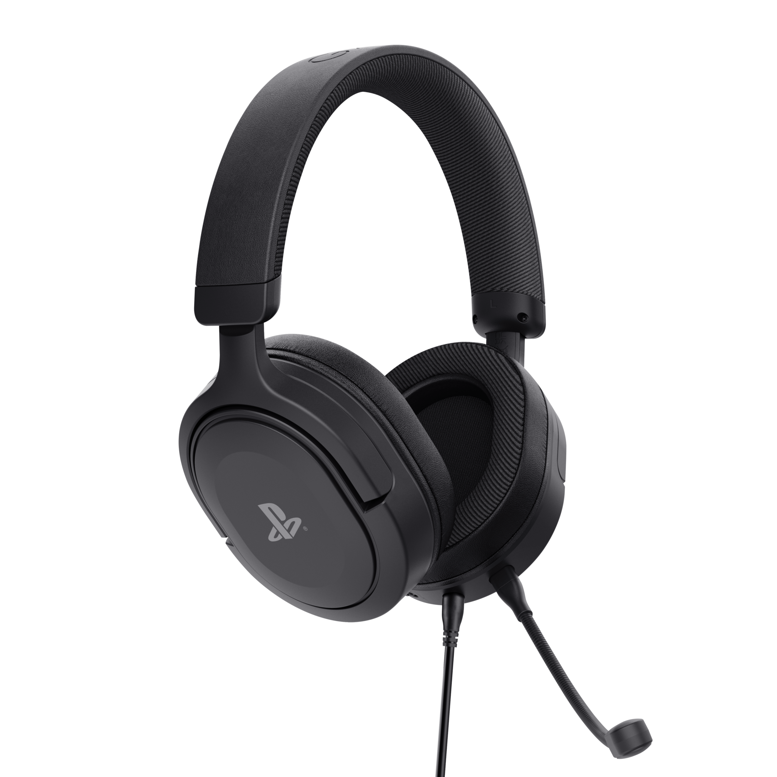 Casque gaming noir avec micro, logo sur l'écouteur. Fond noir.
