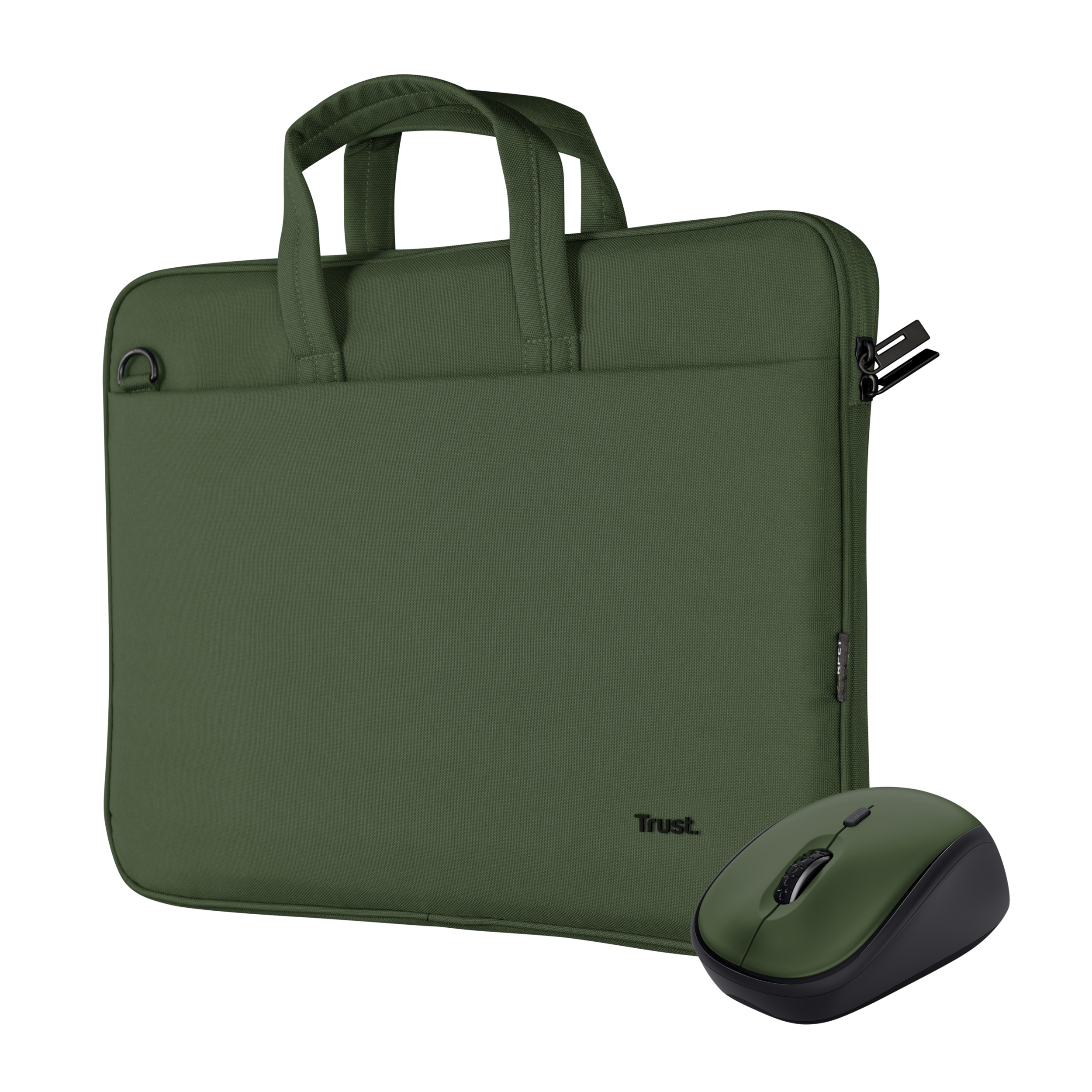 Una borsa verde per laptop con un mouse abbinato, su una superficie nera.
