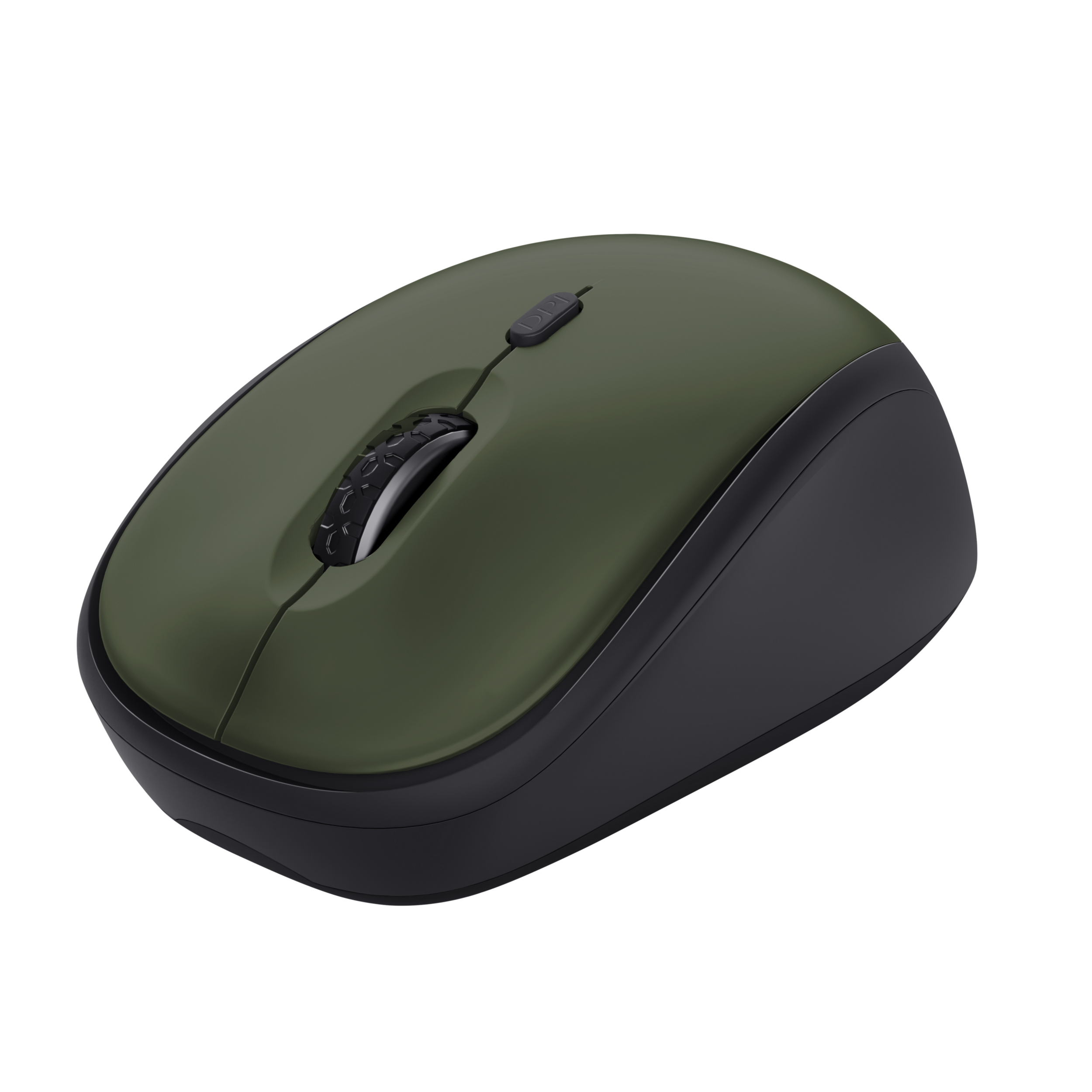 Mouse per computer verde e nero con rotella di scorrimento, su sfondo nero.