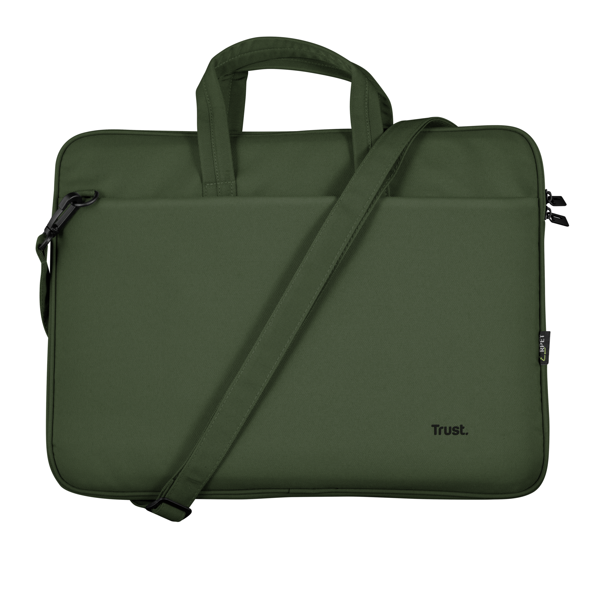 Borsa per laptop verde con tracolla e manico. Ha il logo Trust e una fibbia nera.