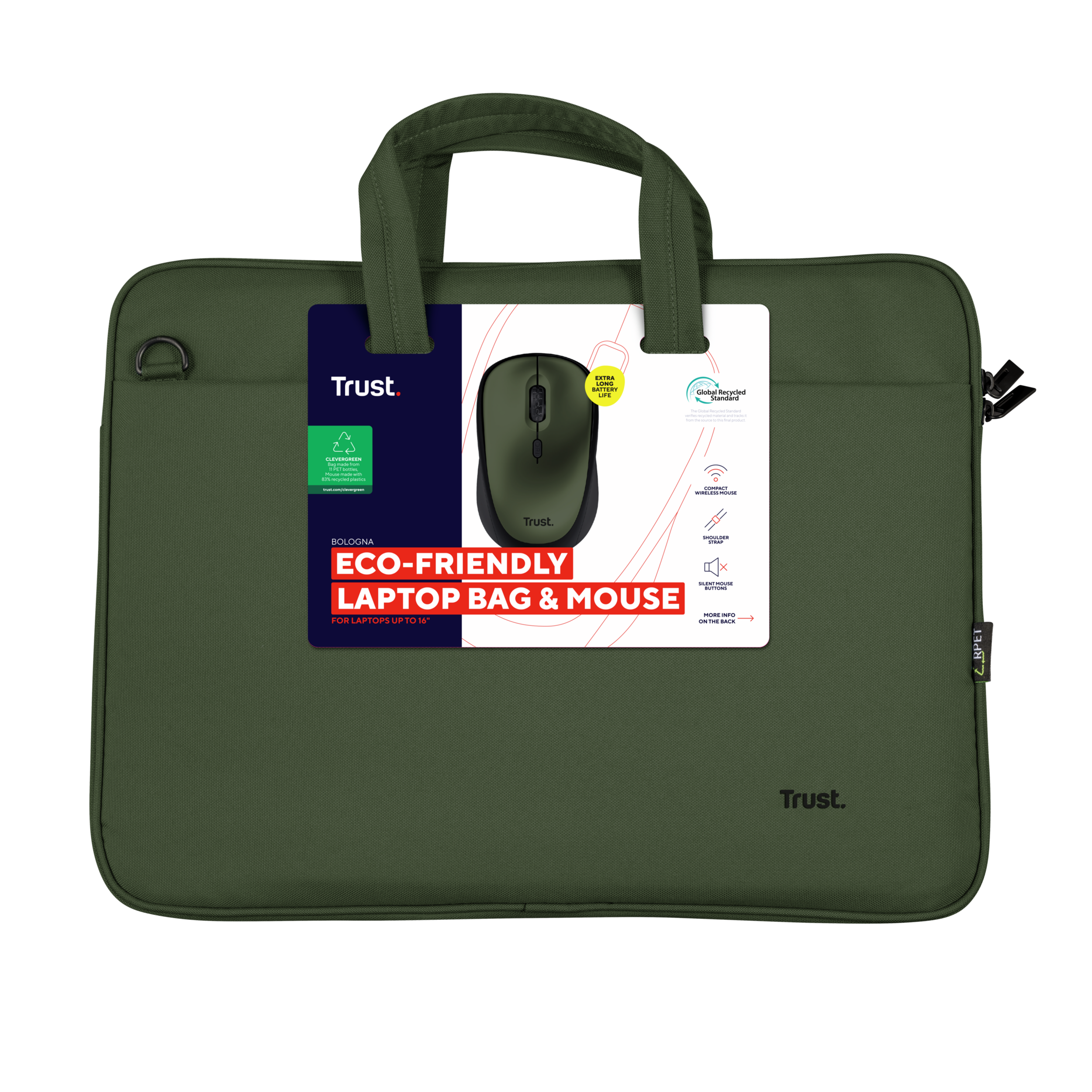 Borsa per laptop verde con mouse ed etichetta. Sfondo nero, testo bianco.