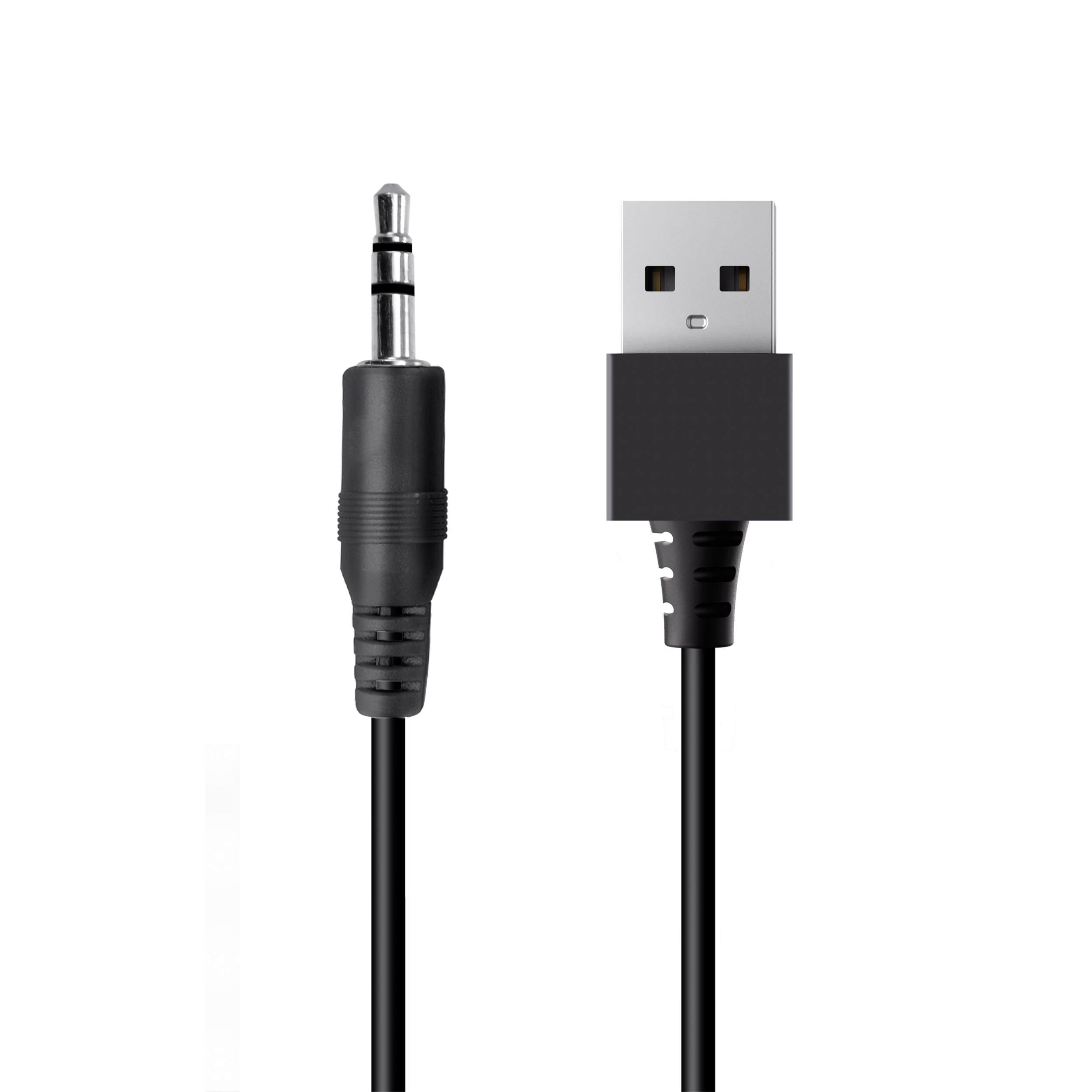 Schwarzes Kabel mit 3,5-mm-Klinke an einem Ende und USB am anderen, auf schwarzem Grund.