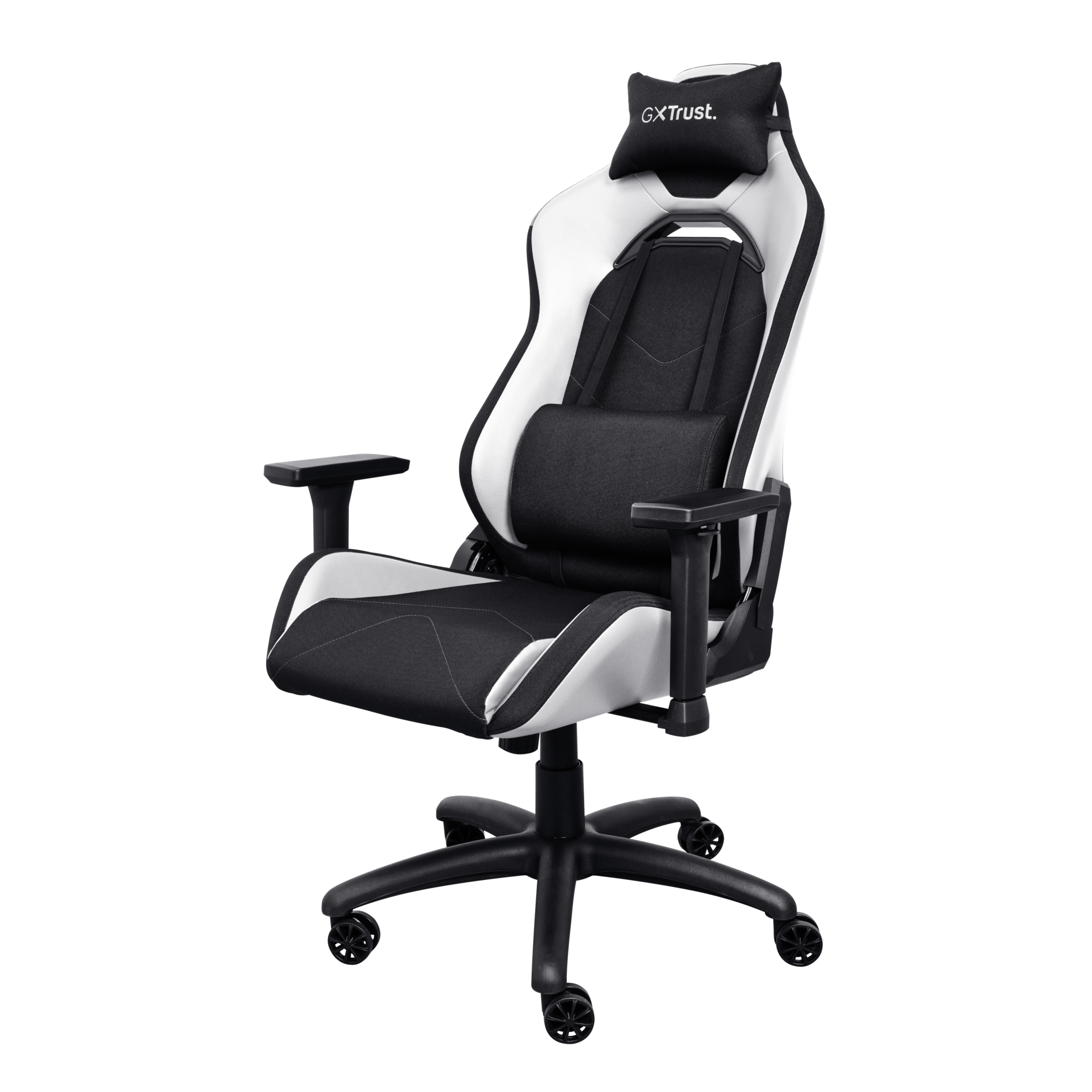Fotel gamingowy w czarno-białym designie, czarny zagłówek z logo 'GXTrust', czarne tło.