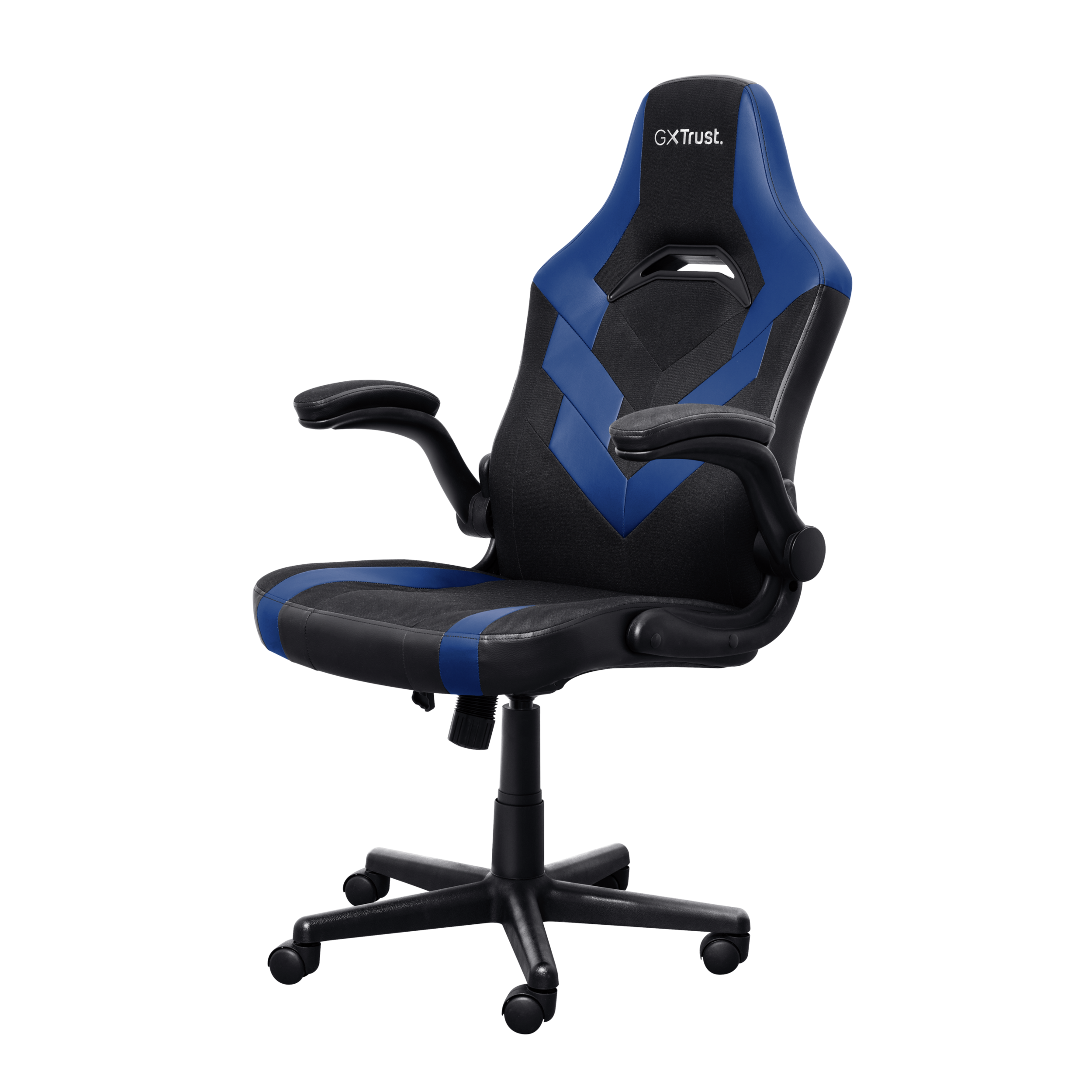 Ein schwarz-blauer Gaming-Stuhl mit Armlehnen und Kopfstütze. Er befindet sich auf einem schwarzen Hintergrund.