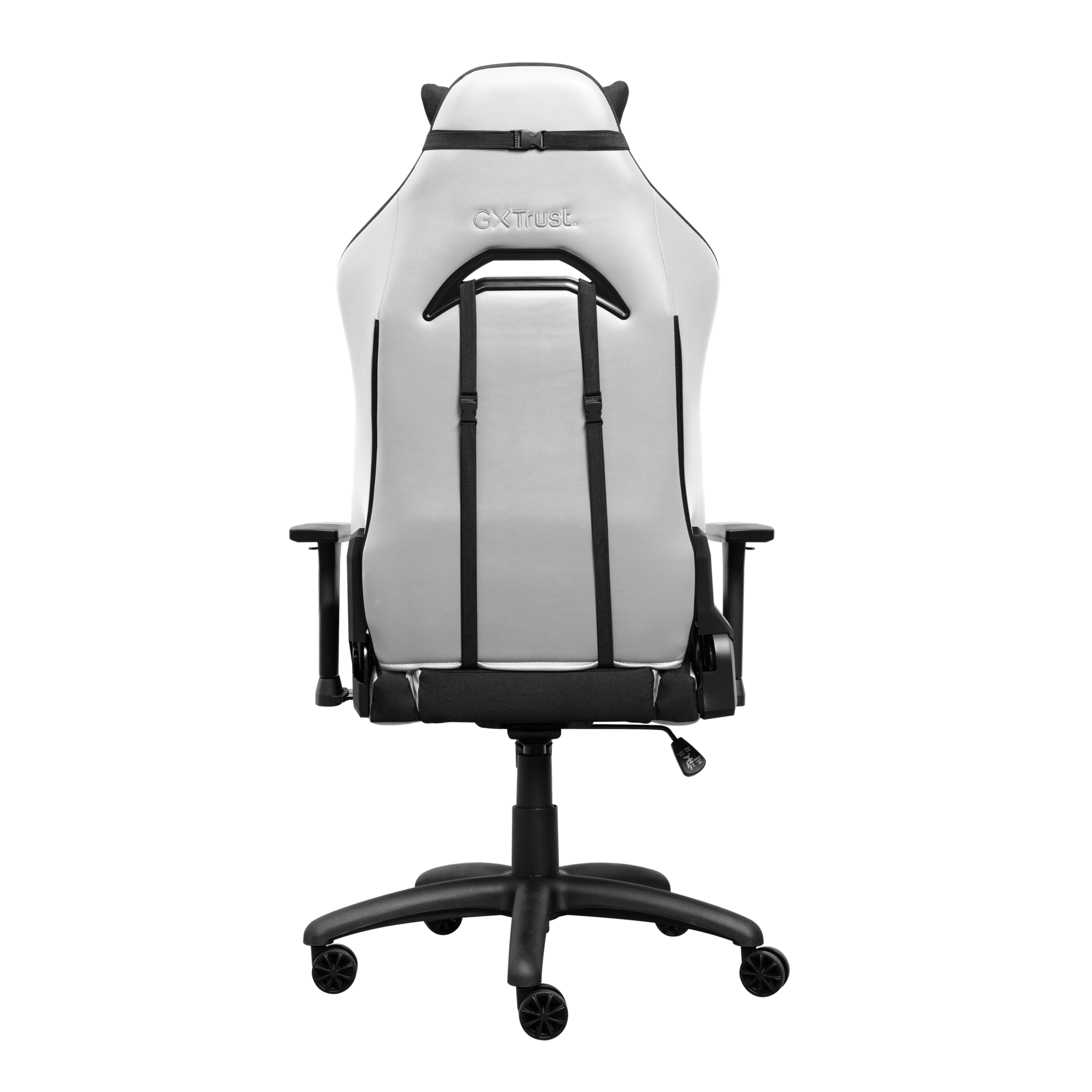 Biało-czarny fotel gamingowy, widok z tyłu. Logo GX Trust na oparciu.