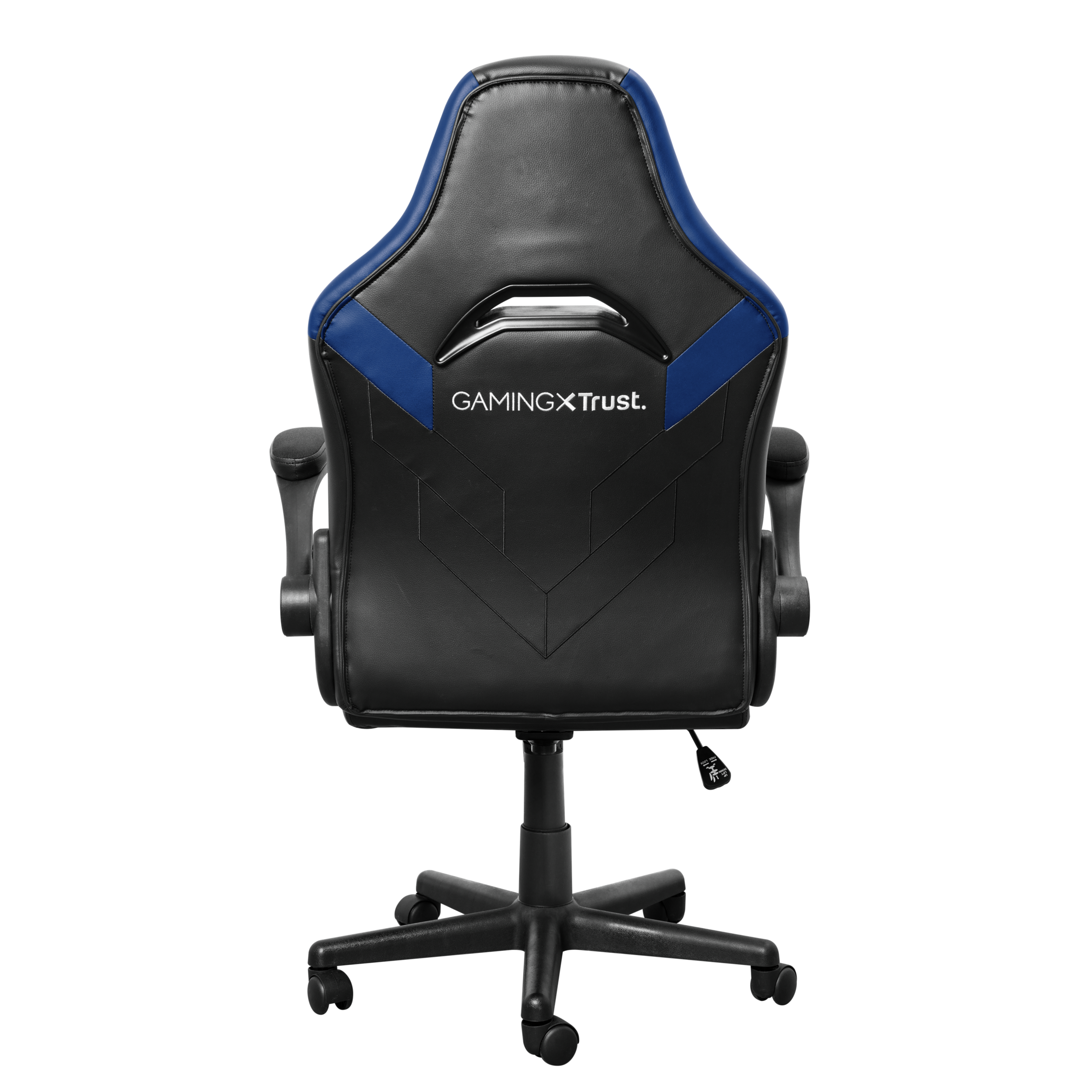 Die Rückseite eines schwarzen Gaming-Stuhls mit blauen Akzenten, beschriftet mit 'GAMINGXTrust'.
