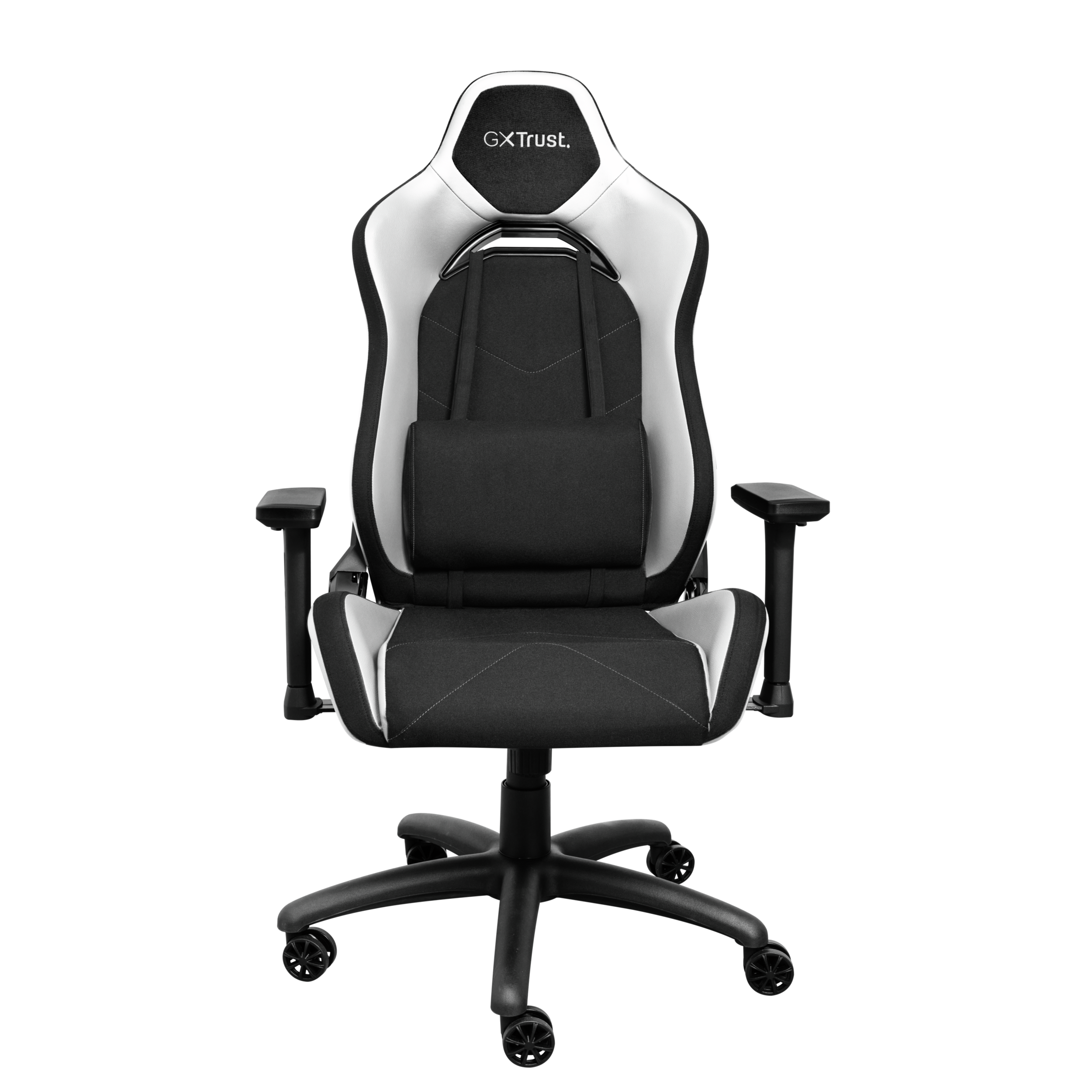 Czarno-biały fotel gamingowy z zagłówkiem i podparciem lędźwiowym.