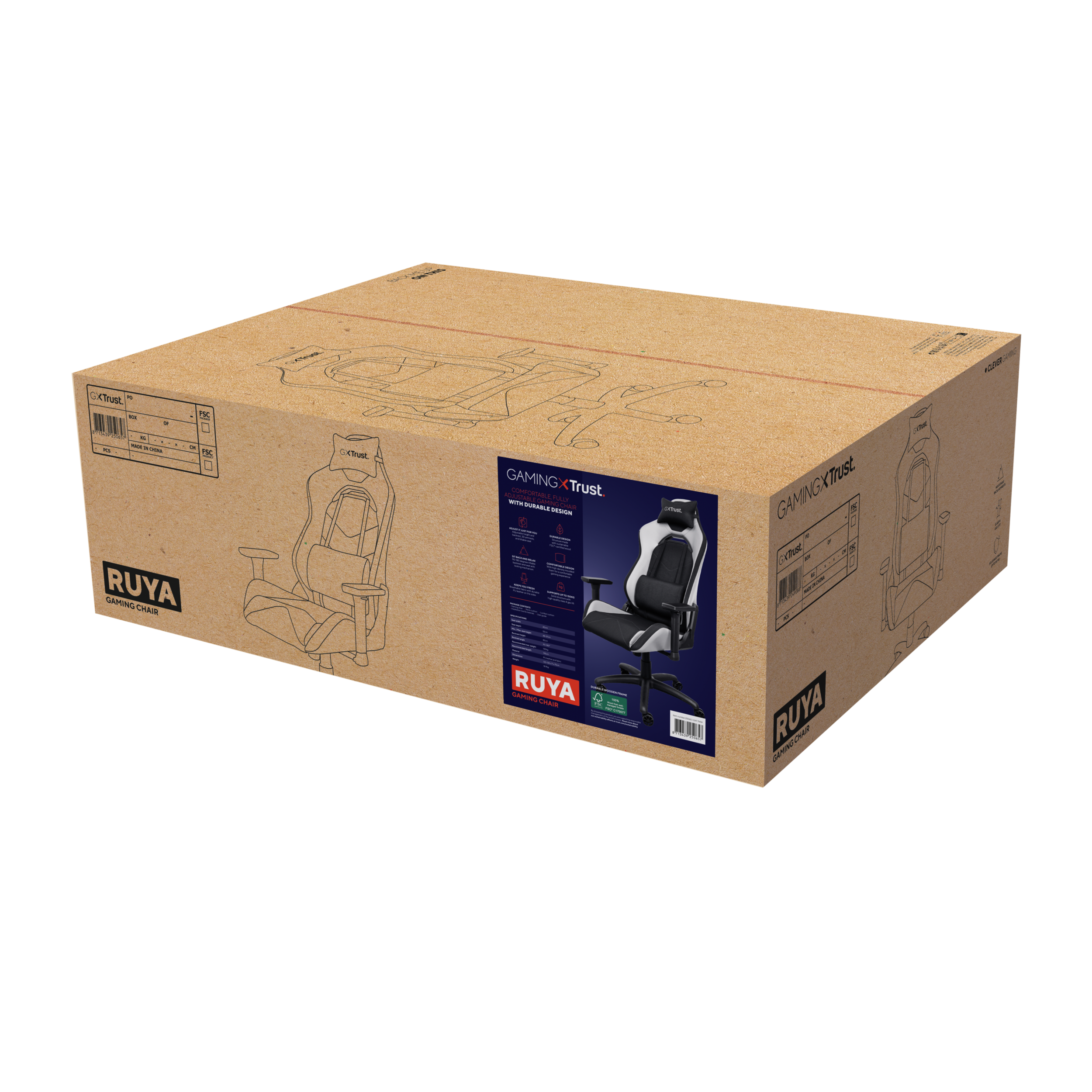 Kartonowe pudełko ze zdjęciem krzesła i tekstem. Pudełko stoi na białej powierzchni.