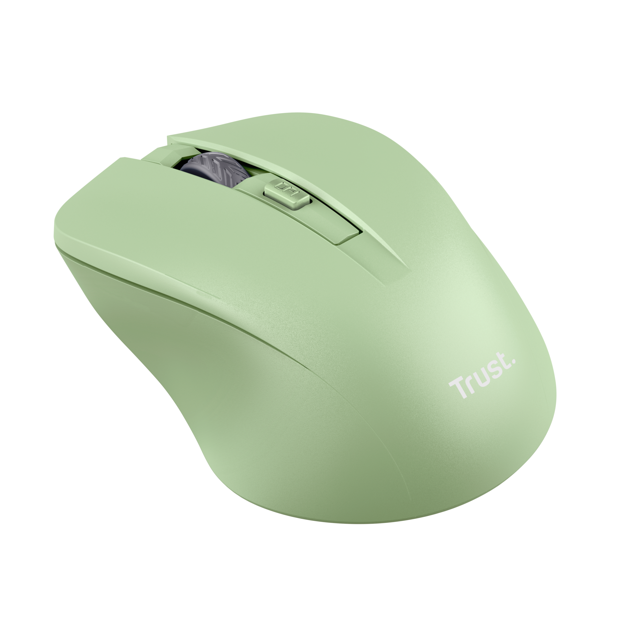 Grüne kabellose Computermaus mit Scrollrad und Trust-Logo auf schwarzem Untergrund.