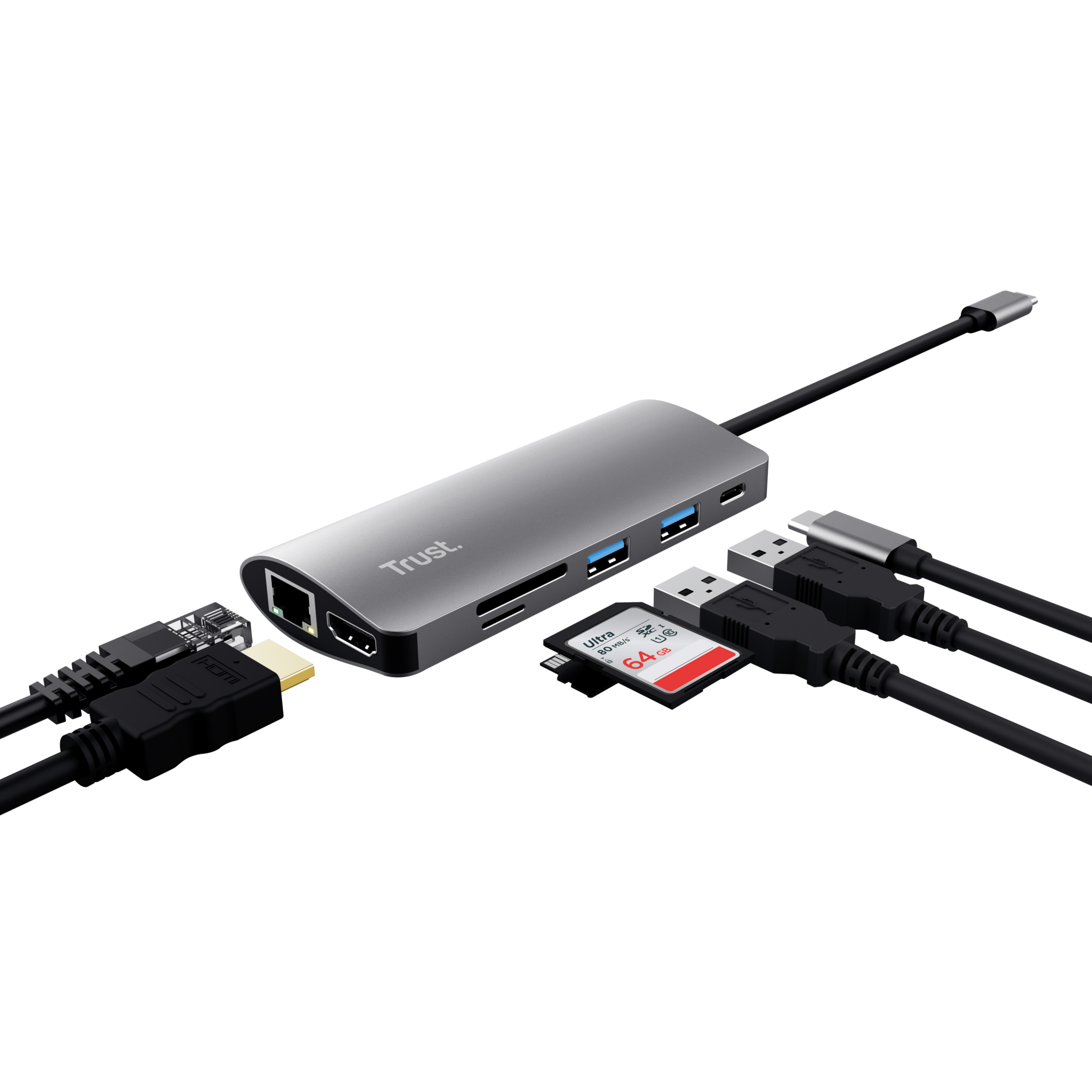 Silberner USB-Hub mit mehreren Anschlüssen und angeschlossenen Kabeln. Schwarzer Hintergrund.