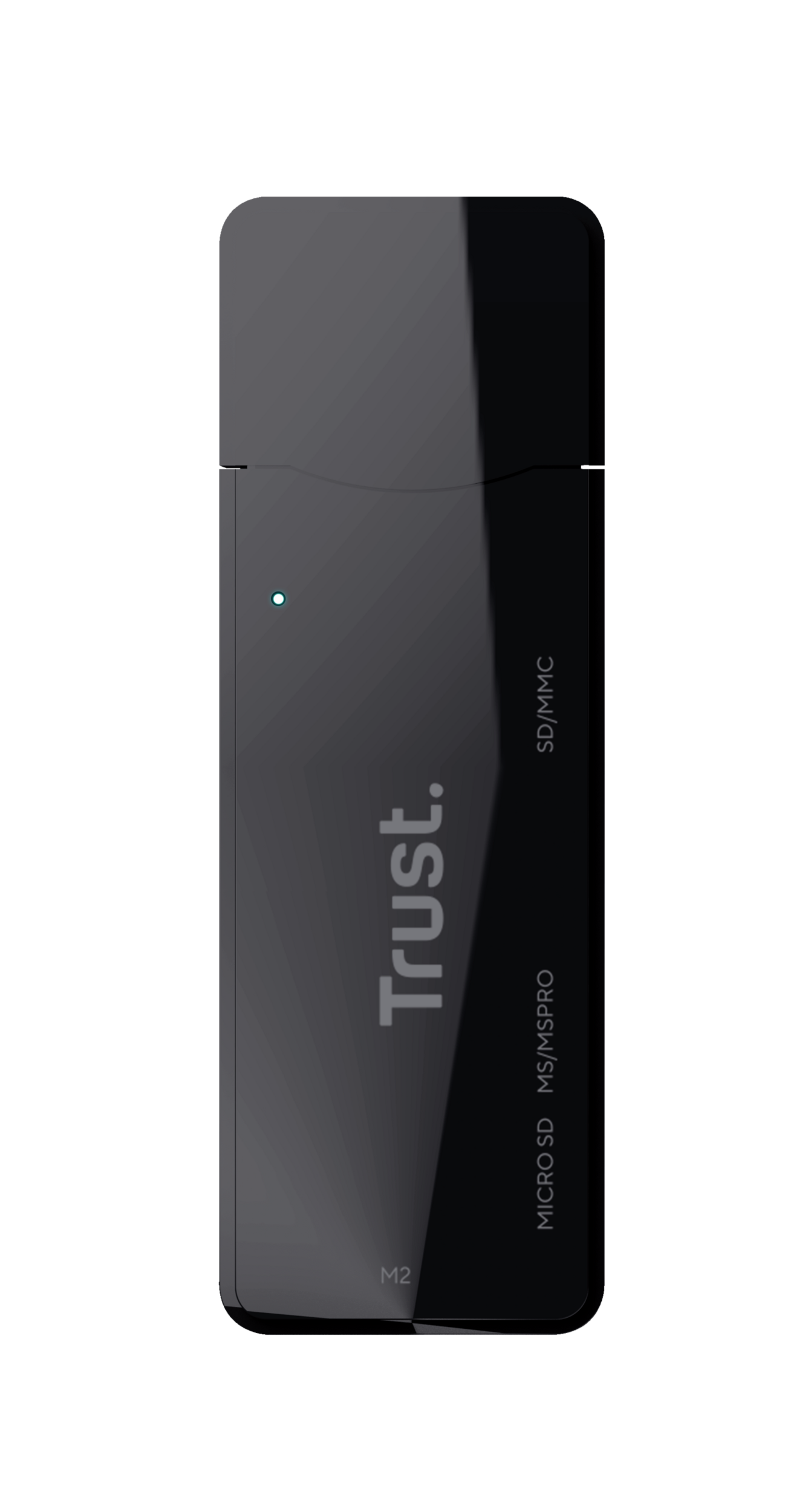 Czarny czytnik kart z logo "Trust." i gniazdami na karty SD/MMC i Micro SD/MSPRO.
