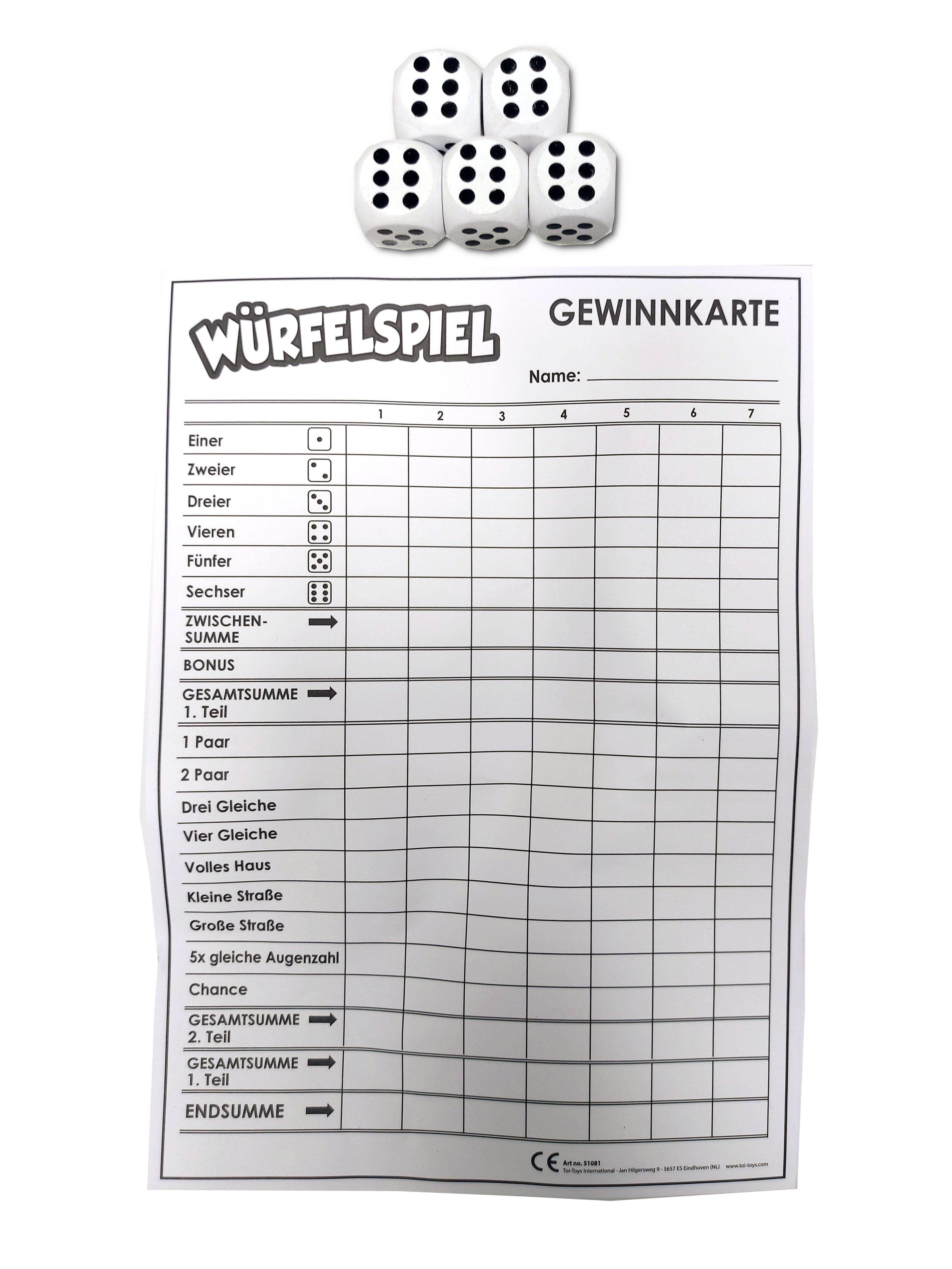 Würfelspiel-Anzeigetafel mit Würfeln oben. Das Blatt hat Kästchen zum Wertung von Kombinationen.