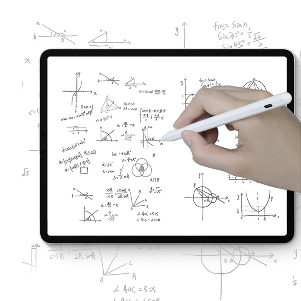 Eine Person, die mit einem weißen Stift mathematische Gleichungen auf ein Tablet zeichnet.