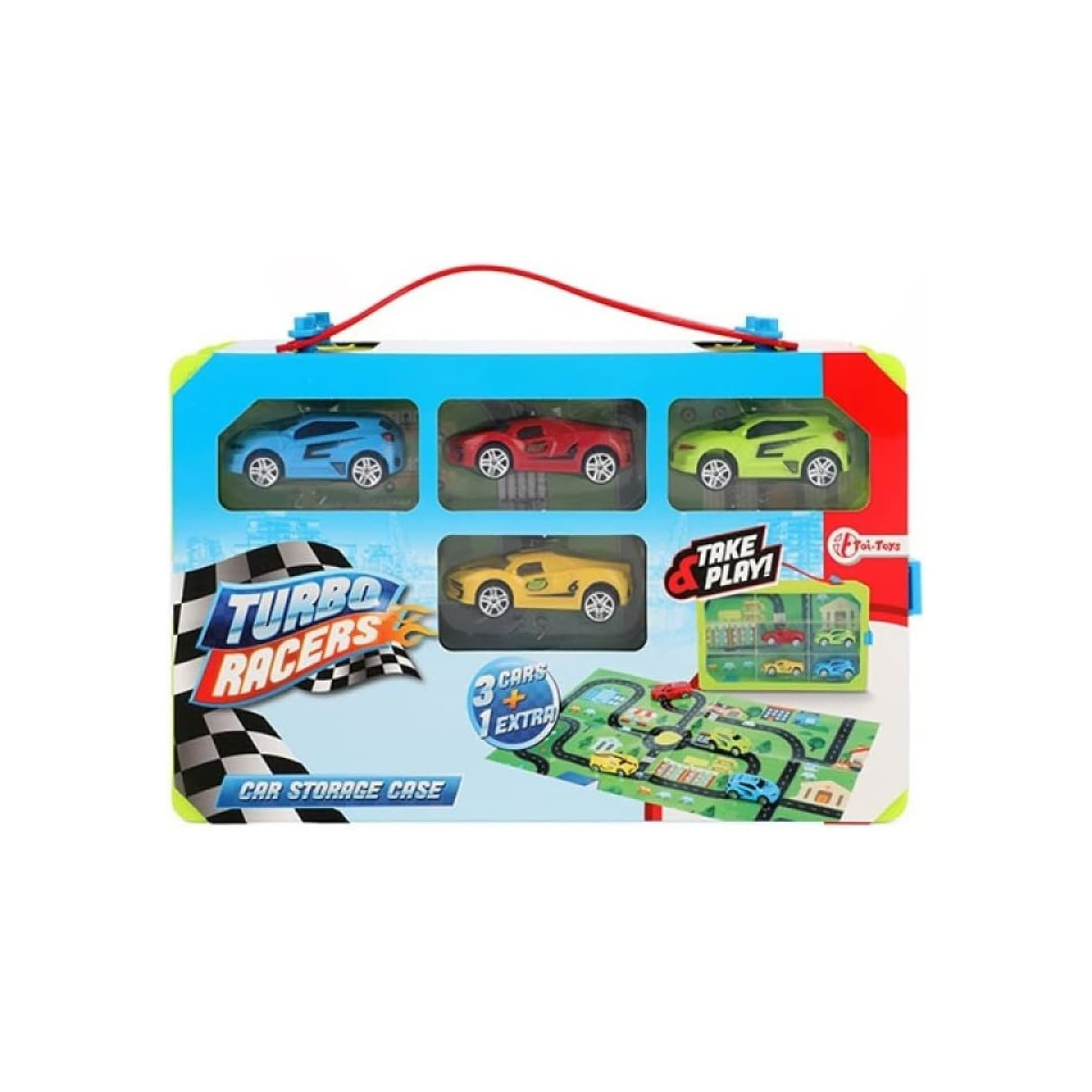 Eine Spielzeugauto-Aufbewahrungsbox mit 5 Spielzeugautos und einer Spielmatte.