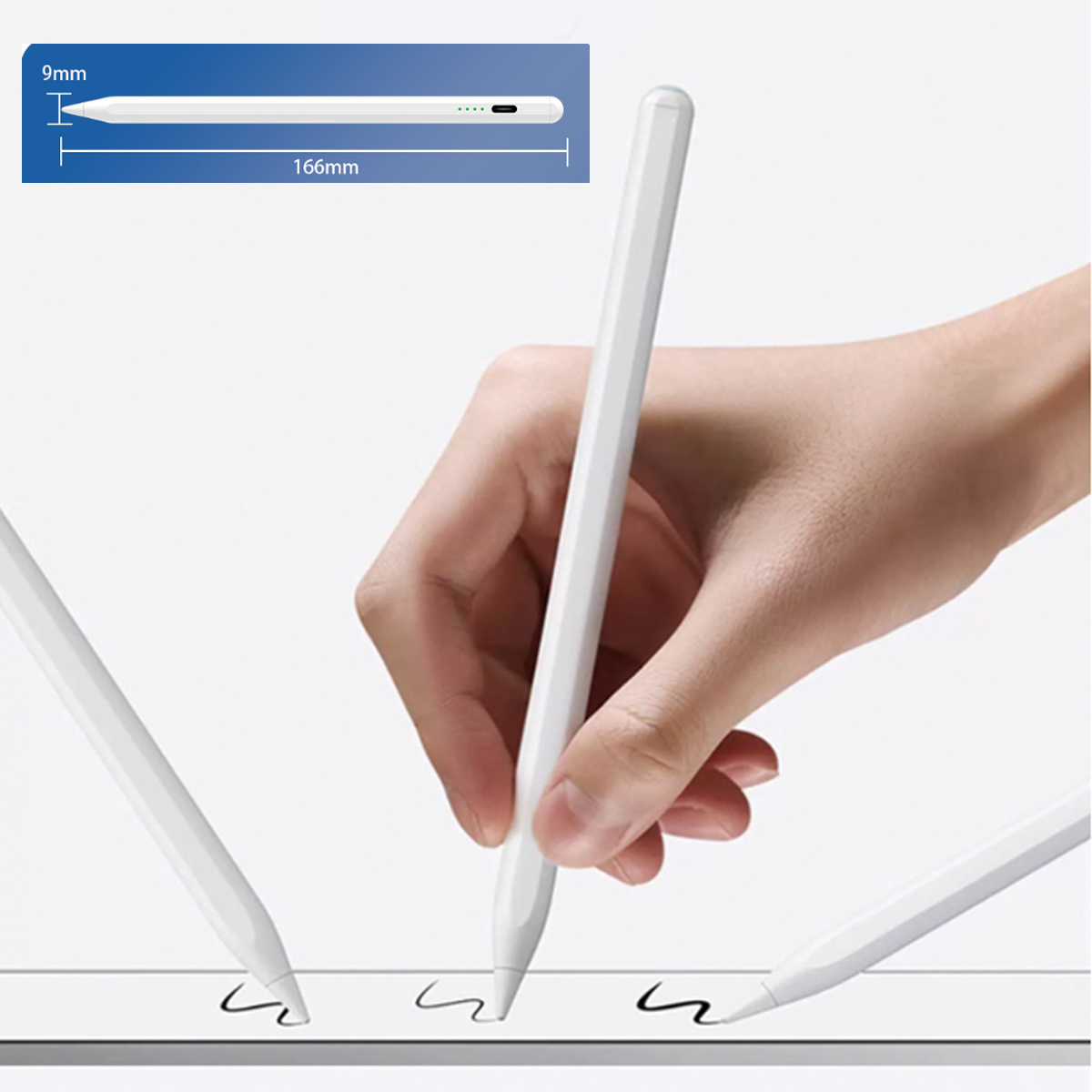 Ein weißer Stift, mit Maßen gezeigt, wird auf einem Tablet-Bildschirm verwendet.