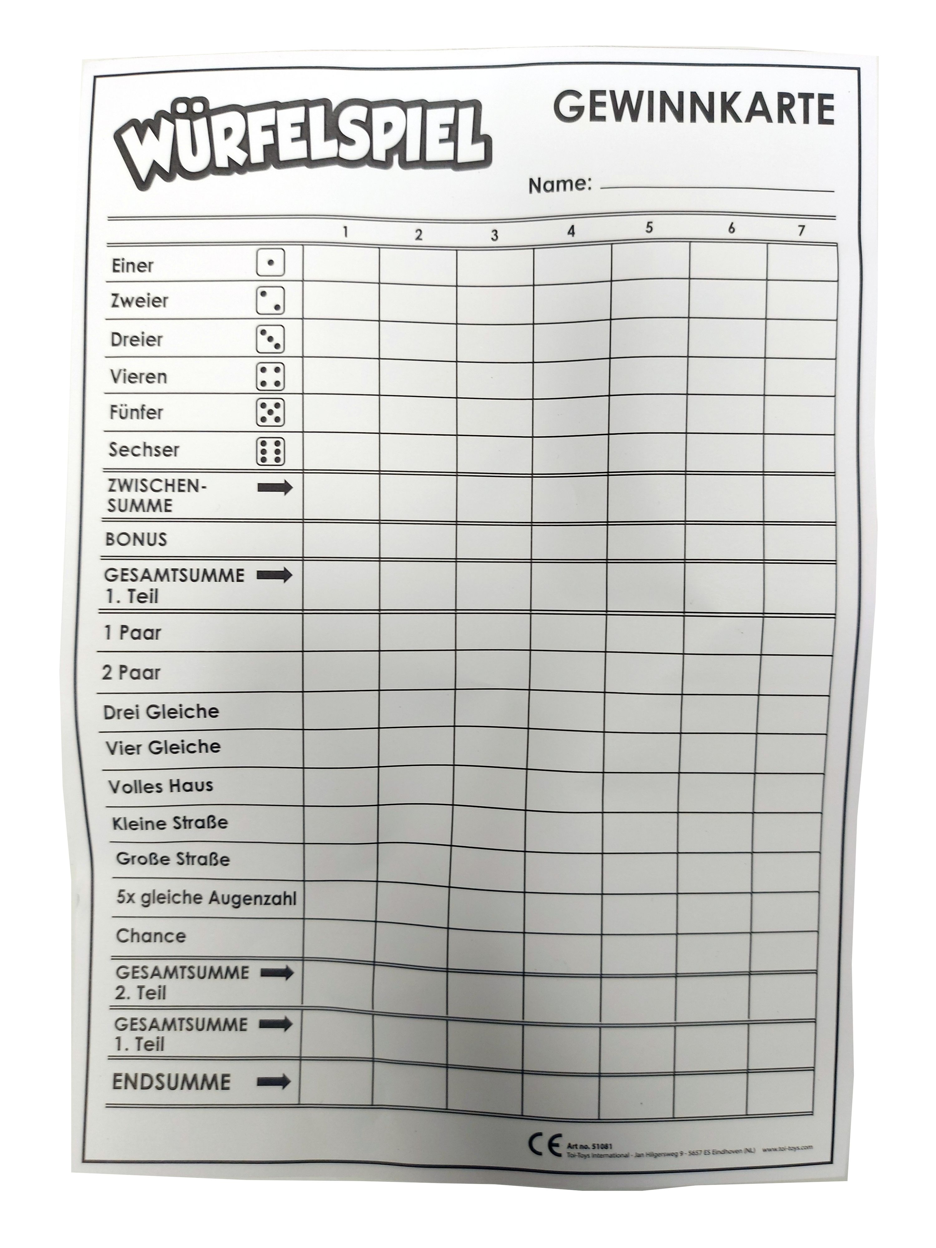 Eine Würfelspiel-Scorecard mit verschiedenen Spieloptionen und Feldern zum Ausfüllen.
