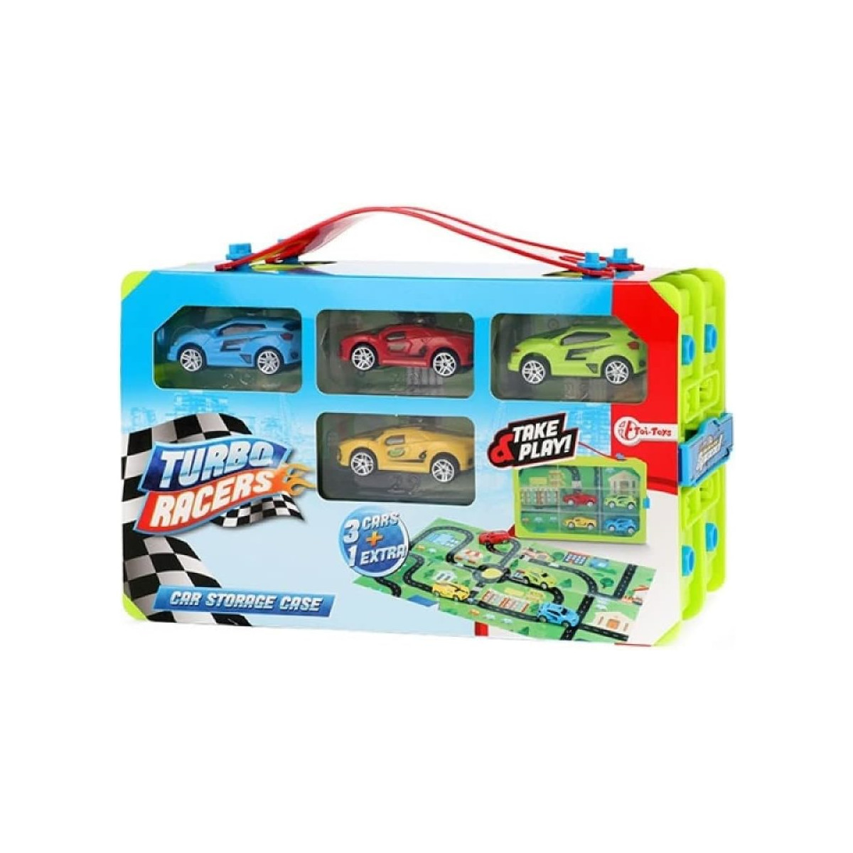 Ein Spielzeugauto-Aufbewahrungskoffer mit blauen, grünen und gelben Teilen mit Spielzeugautos darin.