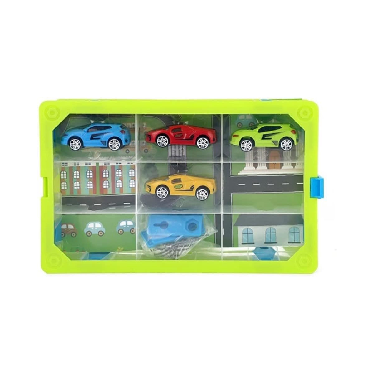 Grüne Aufbewahrungsbox mit Spielzeugautos. Die Box hat einen transparenten Deckel.