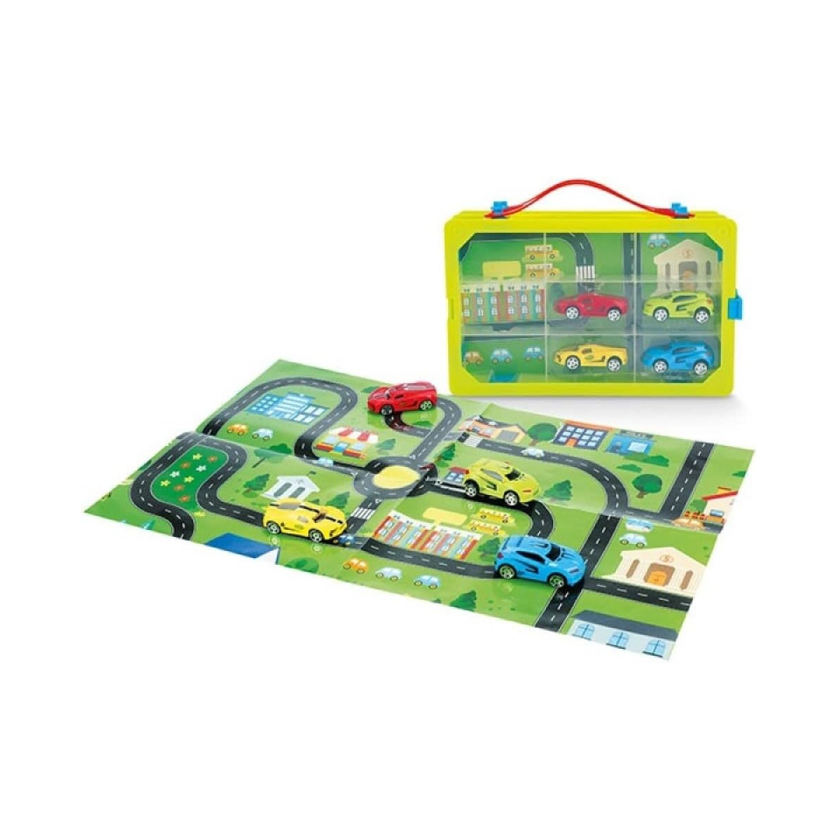 Spielzeugautoset mit grünem Tragekoffer, Straßenkarte und bunten Spielzeugautos. Der Koffer zeigt Autos.