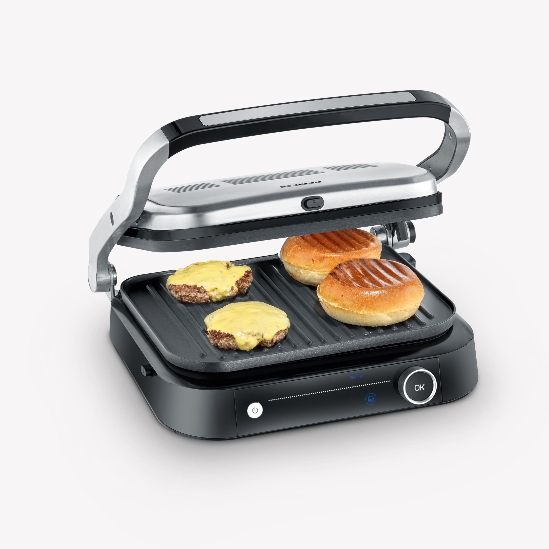 Een zwarte en zilveren panini pers met burgers en broodjes, met een 'OK' knop en stroomindicator.