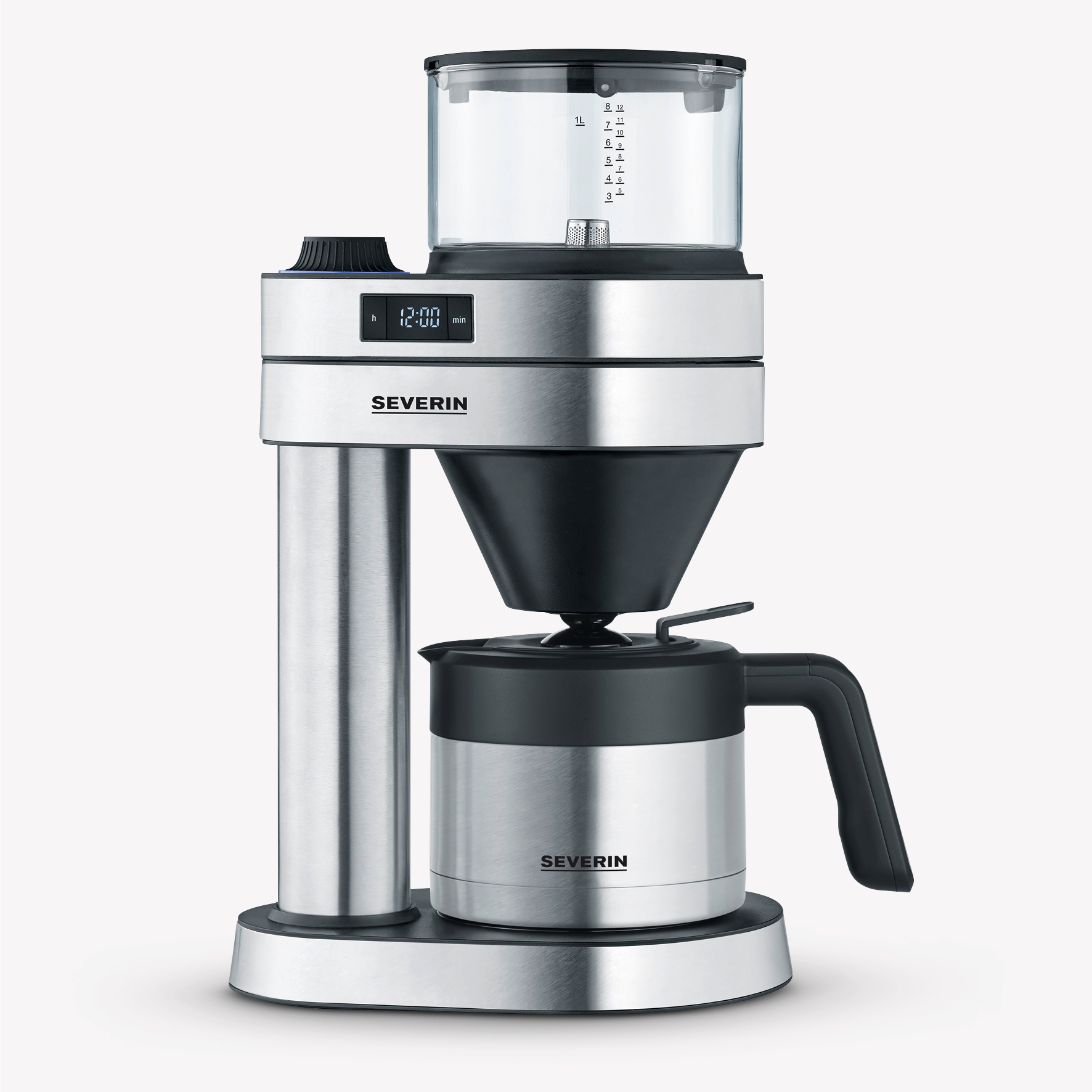 Silver and black coffee maker with a glass water container. A black carafe is at the bottom.