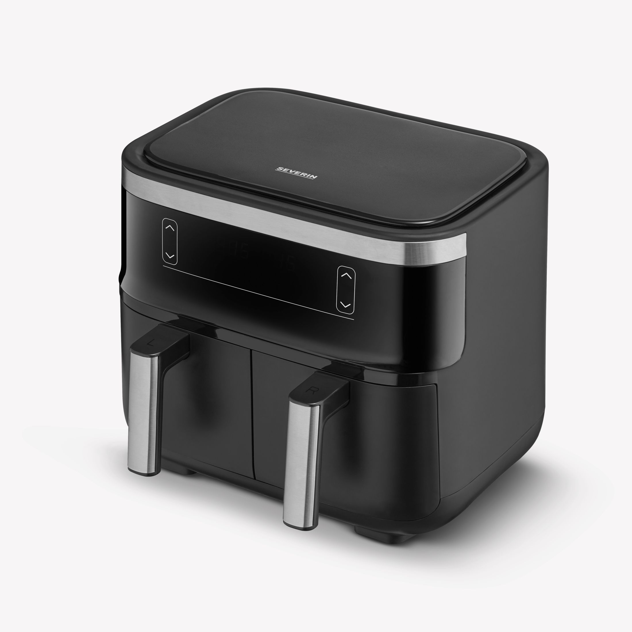 Czarna frytkownica powietrzna z dwoma uchwytami, dwoma wyświetlaczami i srebrnym wykończeniem.