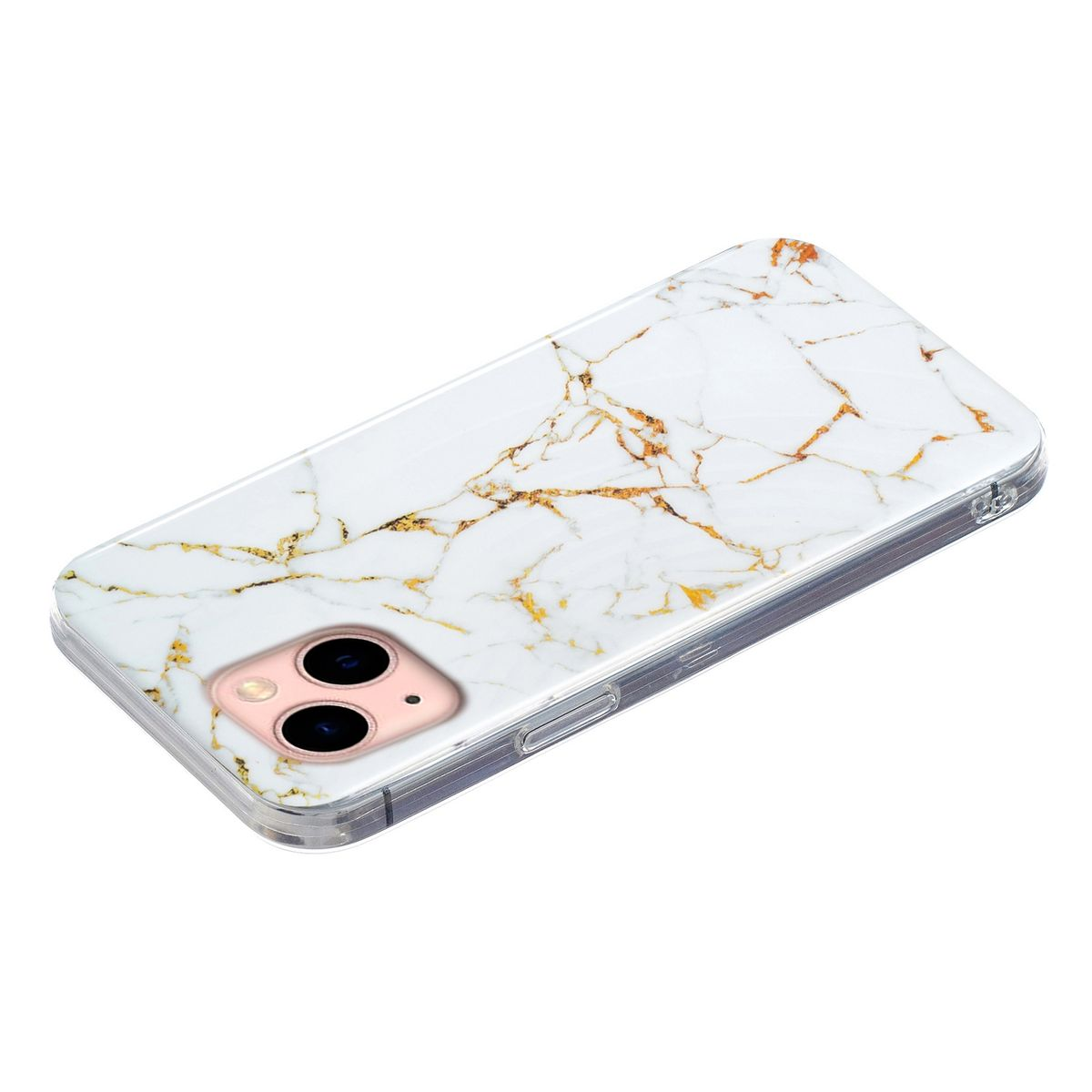 Eine weiße iPhone-Hülle mit Marmormuster und Goldadern, die auf einer weißen Oberfläche liegt.