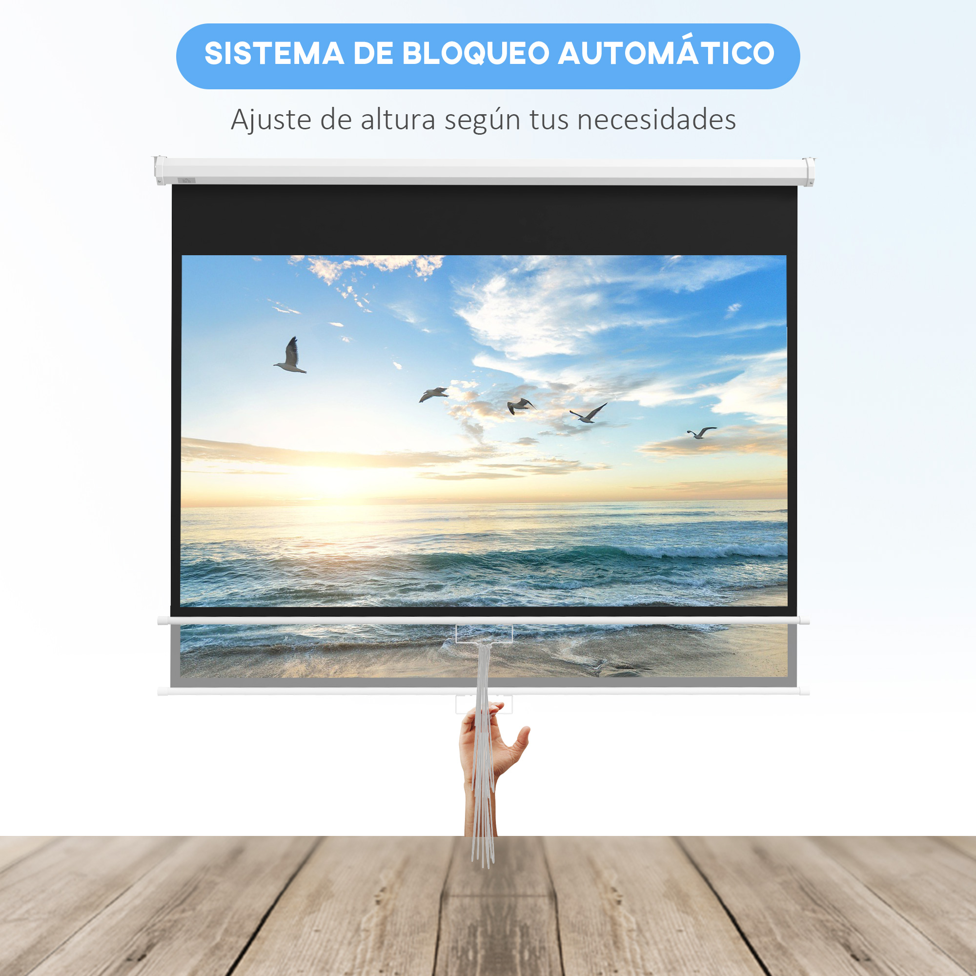 Pantalla de proyector blanca con una mano tirando de un cordón, escena de playa en el fondo.