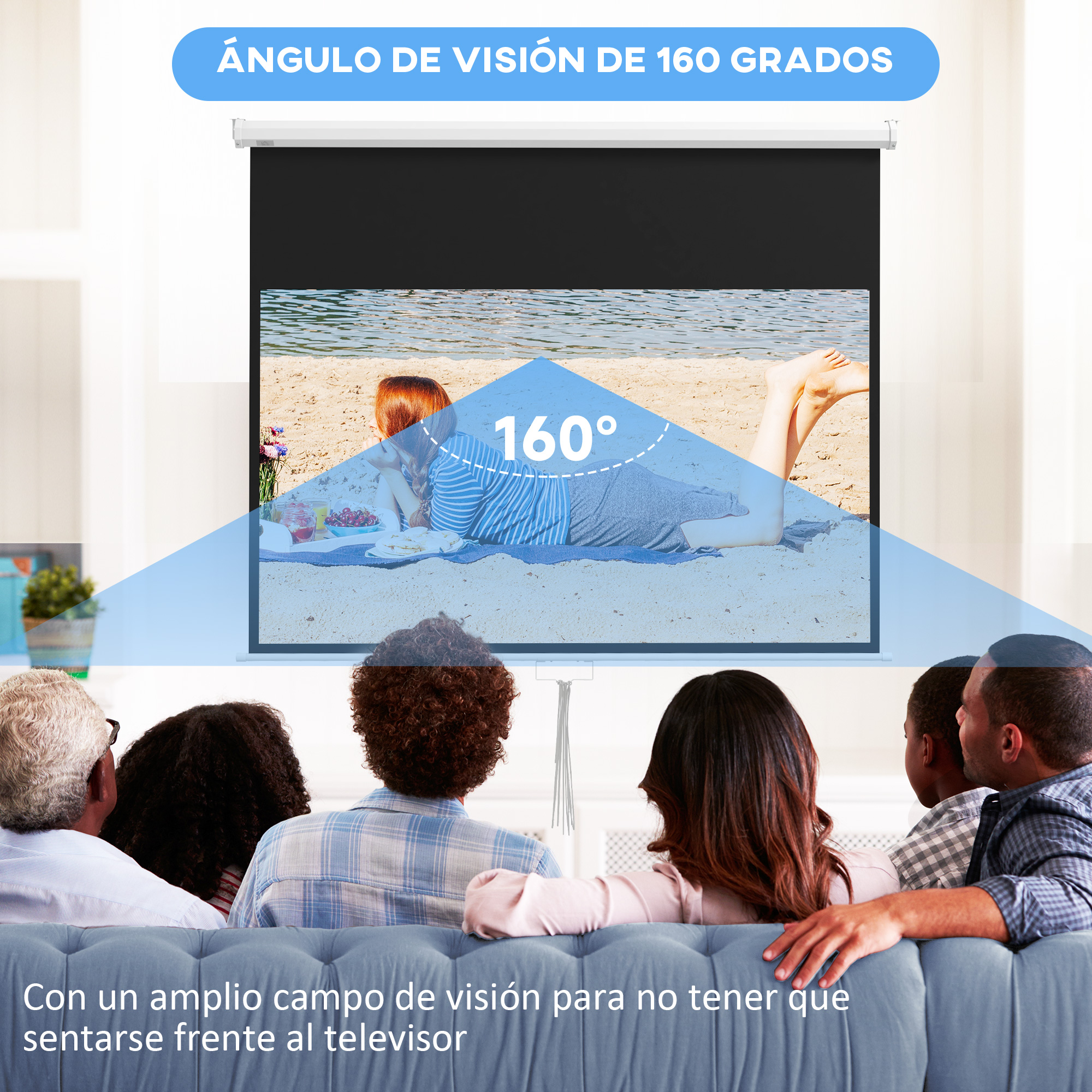 Una familia ve una pantalla que muestra una escena de playa. La pantalla tiene un ángulo de visión de 160 grados.