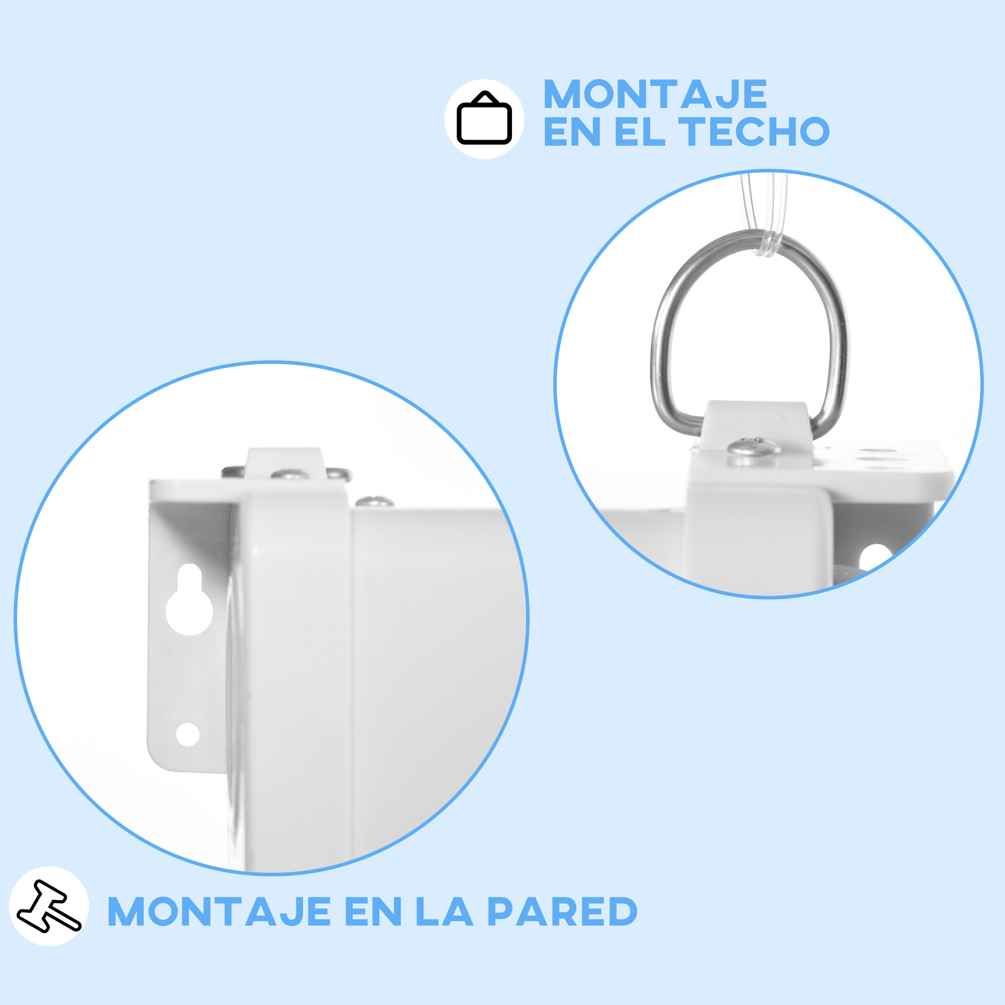 Primer plano de hardware de montaje para techo y pared, con etiquetas en español.
