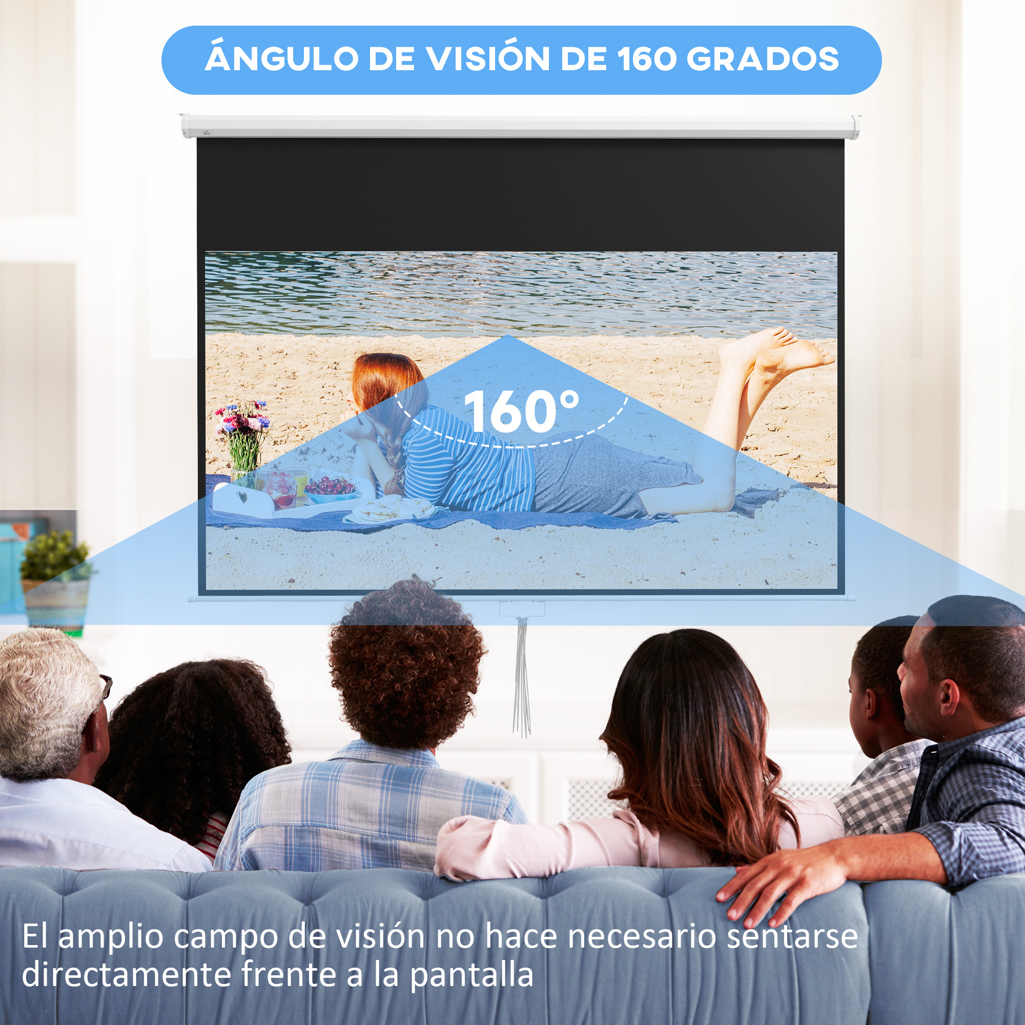 Personas viendo una película en una pantalla. Un área azul indica un ángulo de visión de 160 grados.