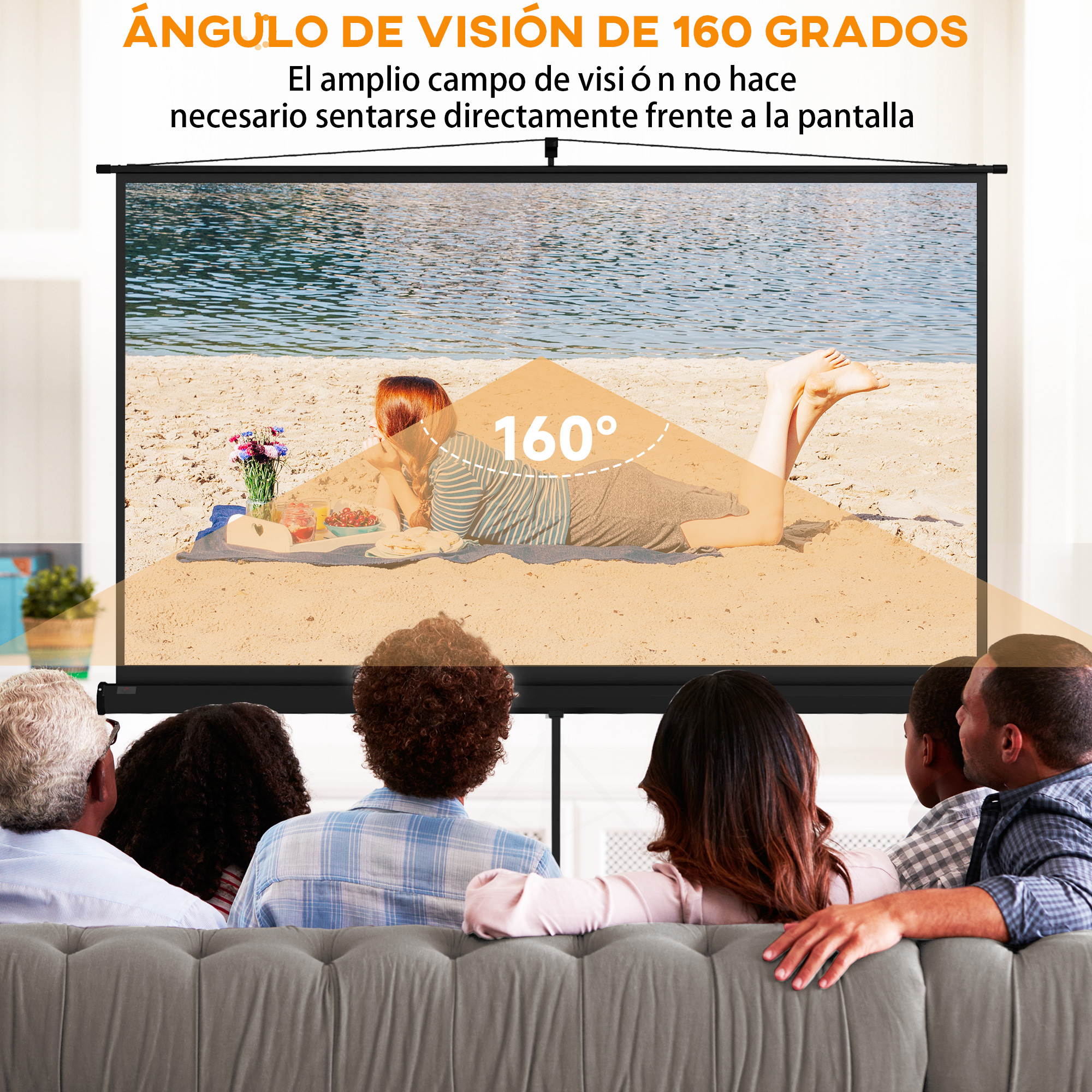 Gente viendo una pantalla de proyección en una playa. Una mujer está tumbada en la arena. Se muestra un ángulo de 160 grados.