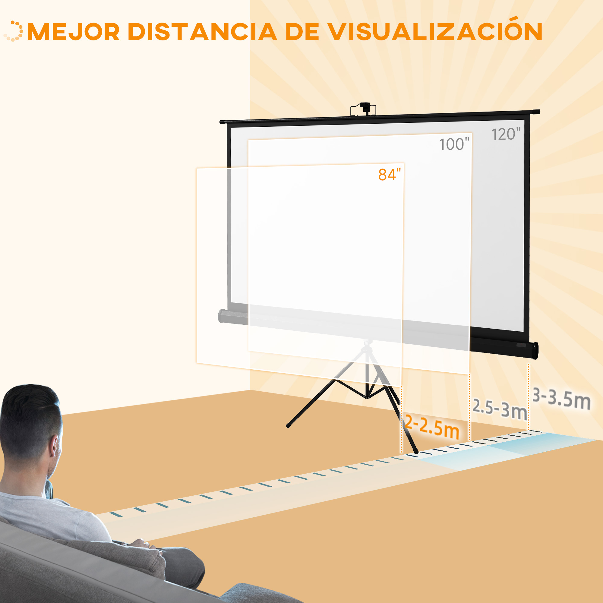 Un hombre sentado, mirando una pantalla de proyector. El tamaño de la pantalla es 84", 100" y 120". El texto muestra la distancia de visualización óptima.