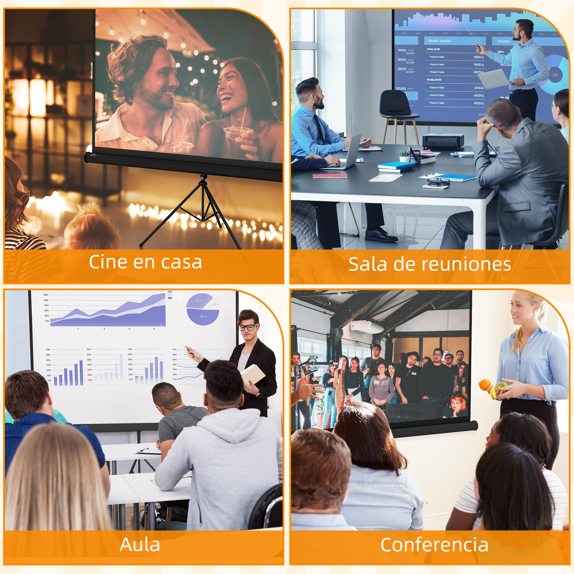 Cuatro imágenes mostrando diferentes contextos: Cine en casa, sala de reuniones, aula y conferencia.