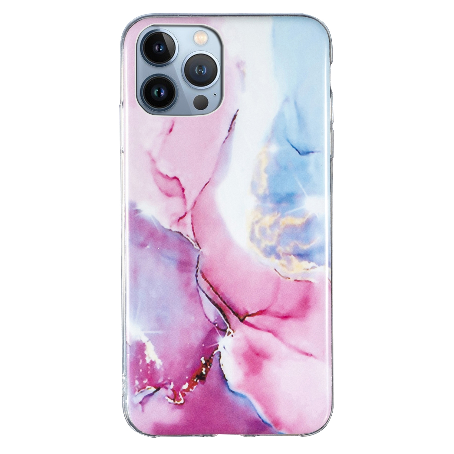 Handyhülle mit abstraktem rosa-blauem Design. Weißer Hintergrund.