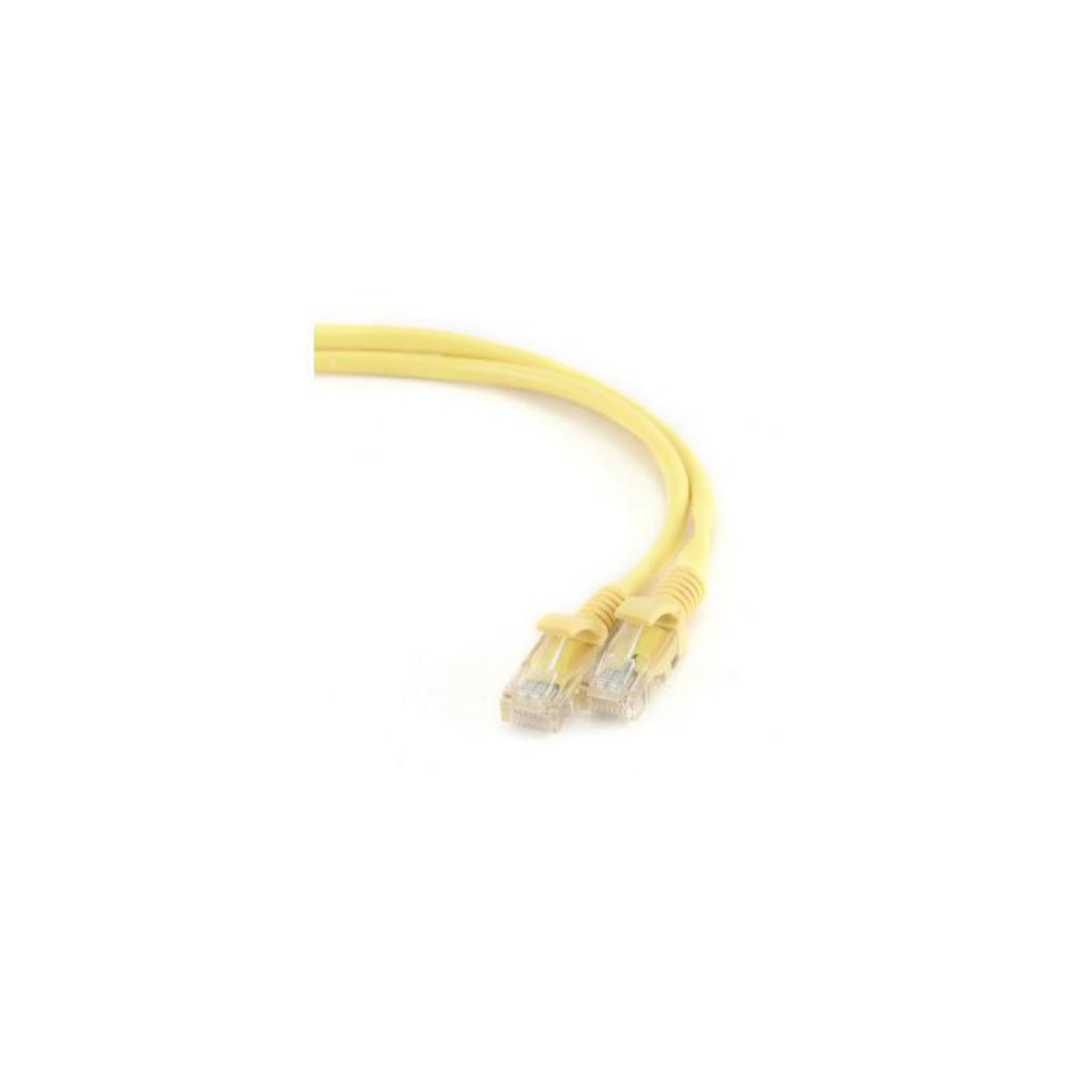 Two yellow Ethernet cables with connectors, lying on a white background.