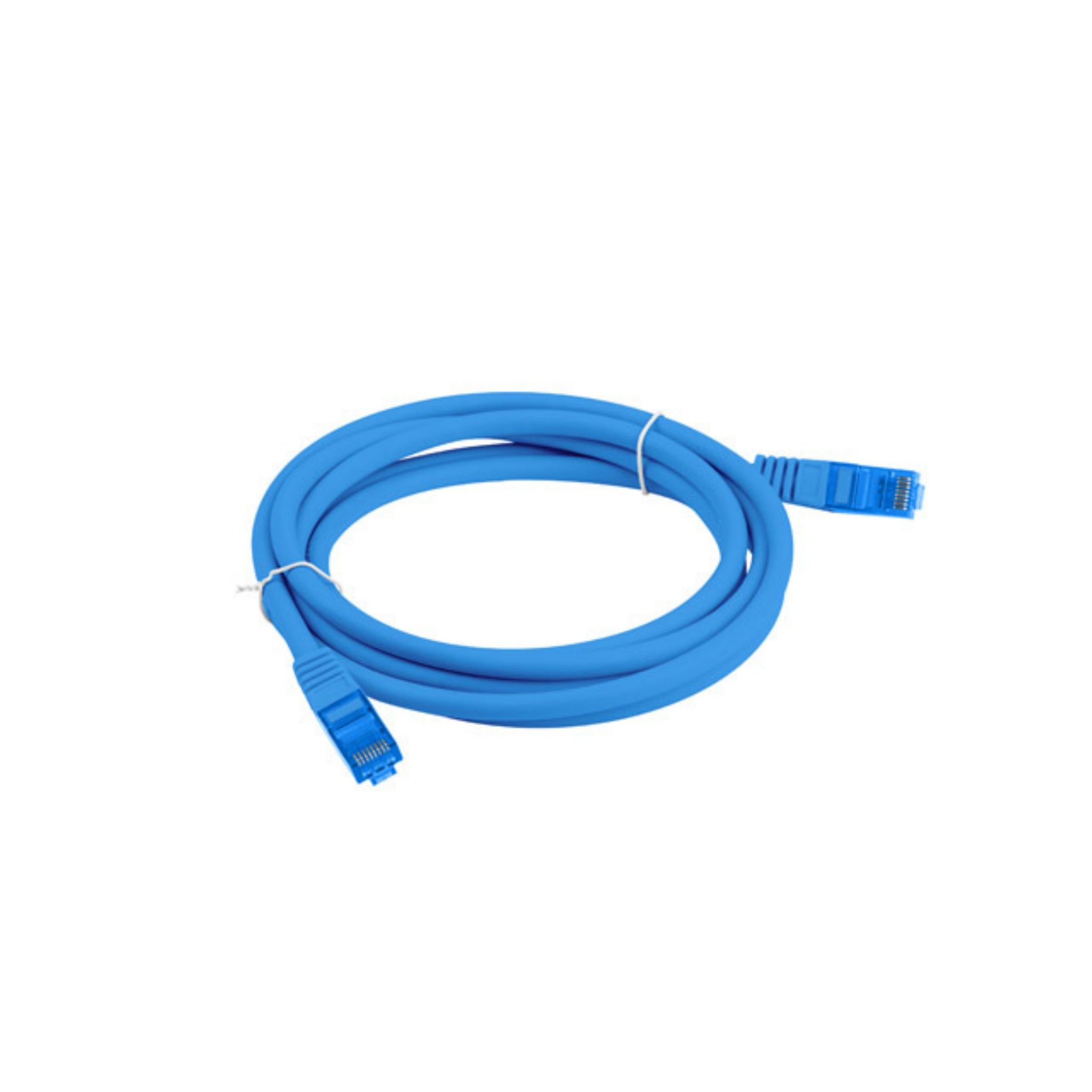 Un cavo di rete blu arrotolato con connettori a ciascuna estremità, fissato con un laccio bianco al centro.
