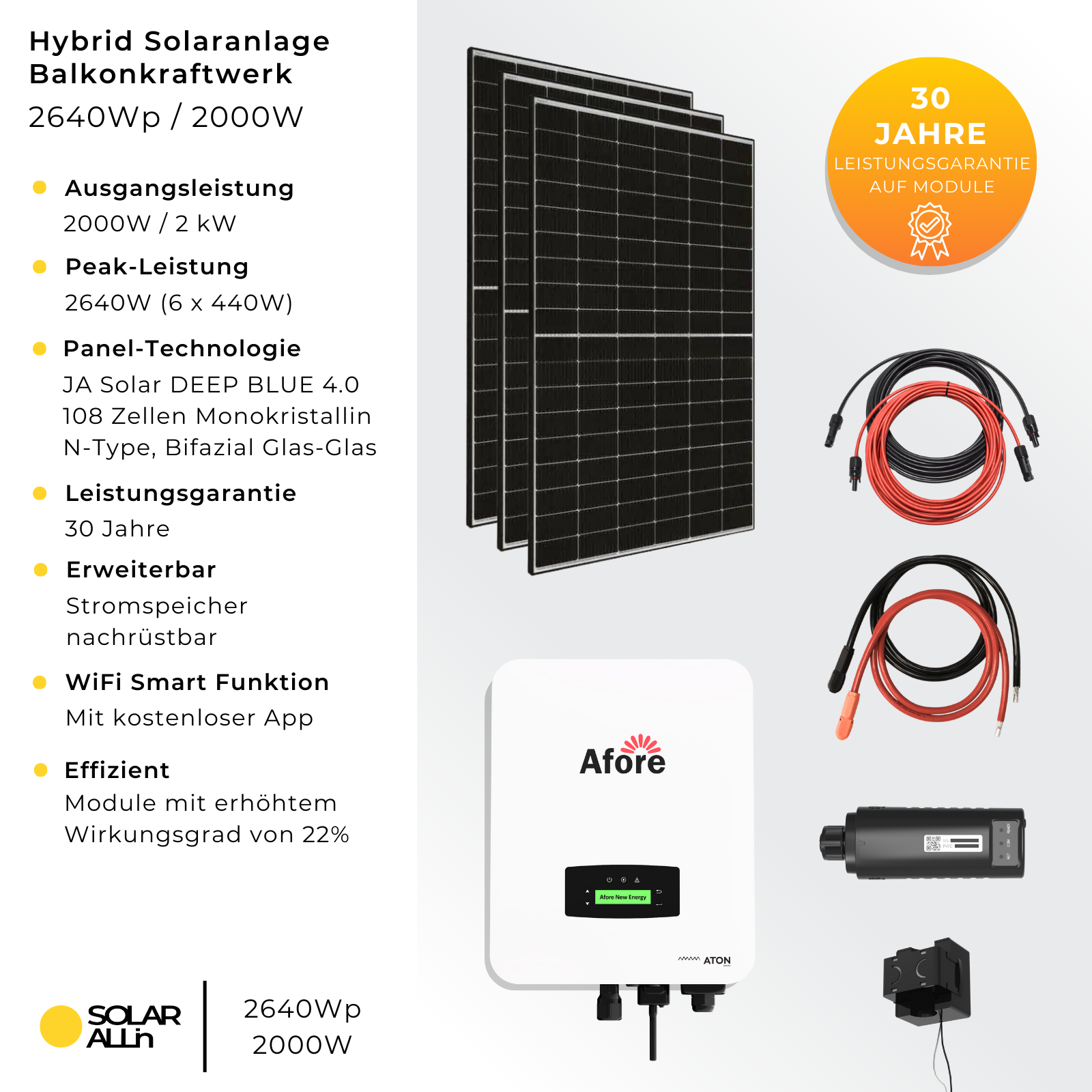 Solarpanel-Kit mit Paneelen, Wechselrichter und Kabeln. Text zeigt Spezifikationen und Garantie.